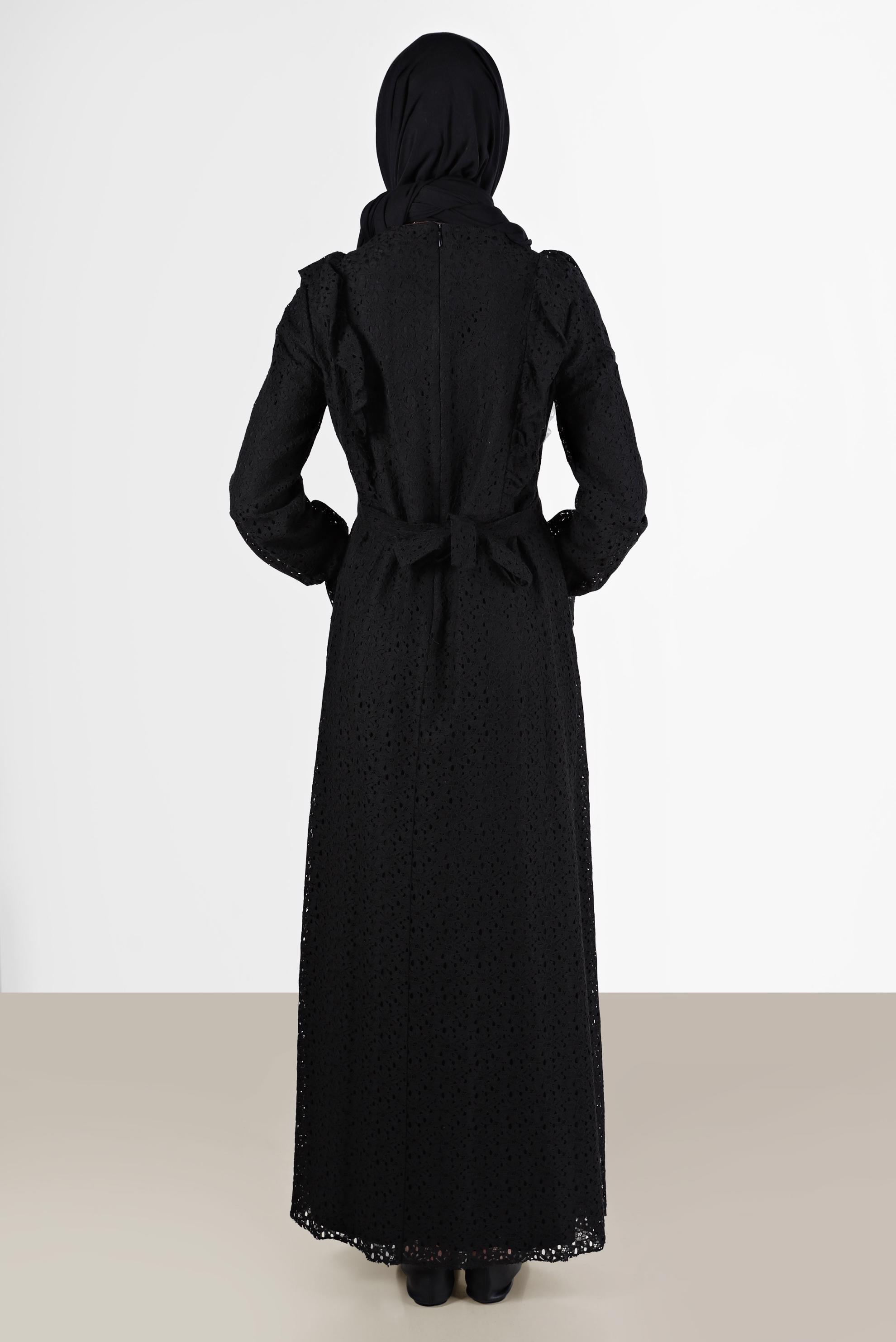 Tesettür giyim SİYAH FIRFIRLI DANTEL ELBİSE 42412 