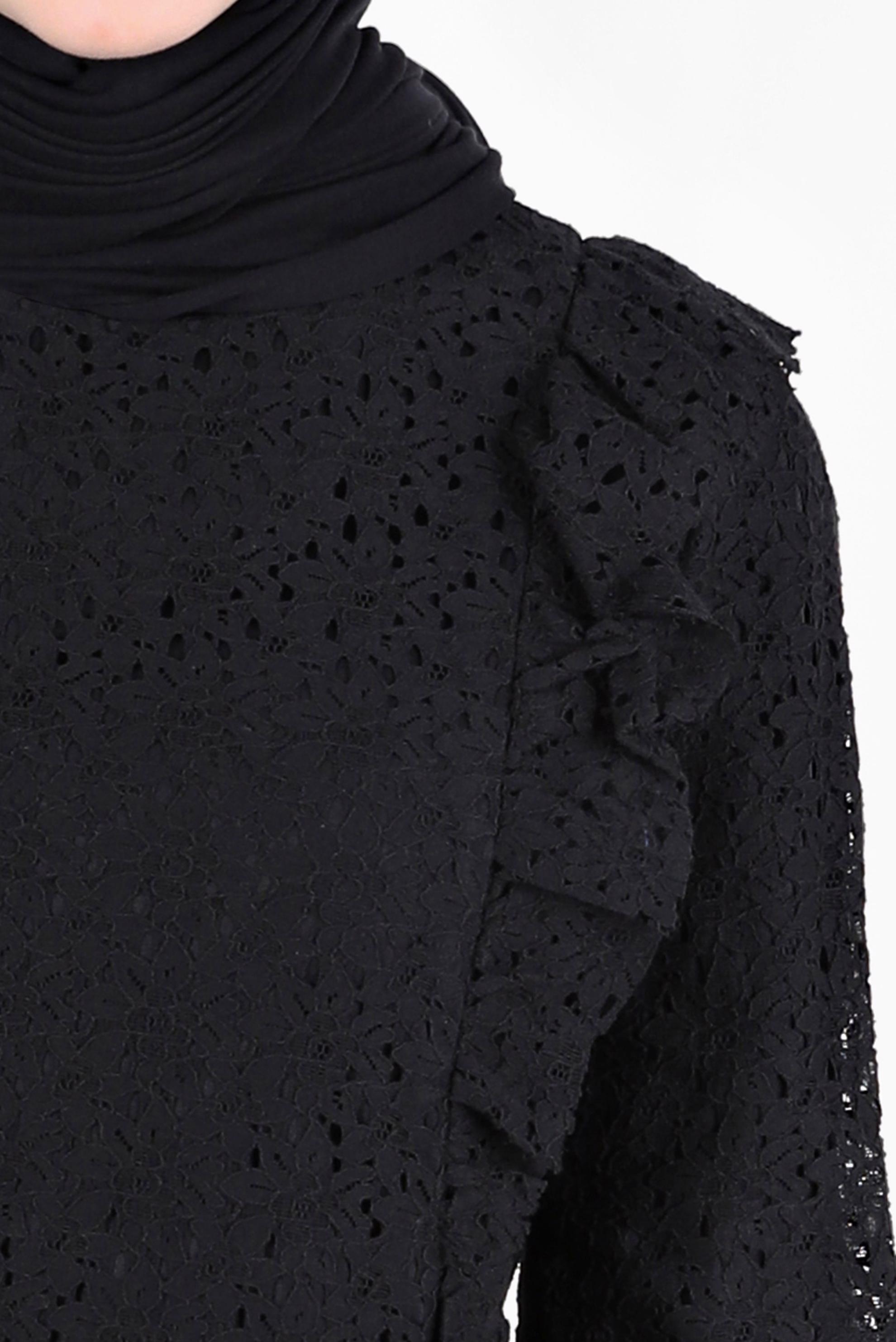 Tesettür giyim SİYAH FIRFIRLI DANTEL ELBİSE 42412 