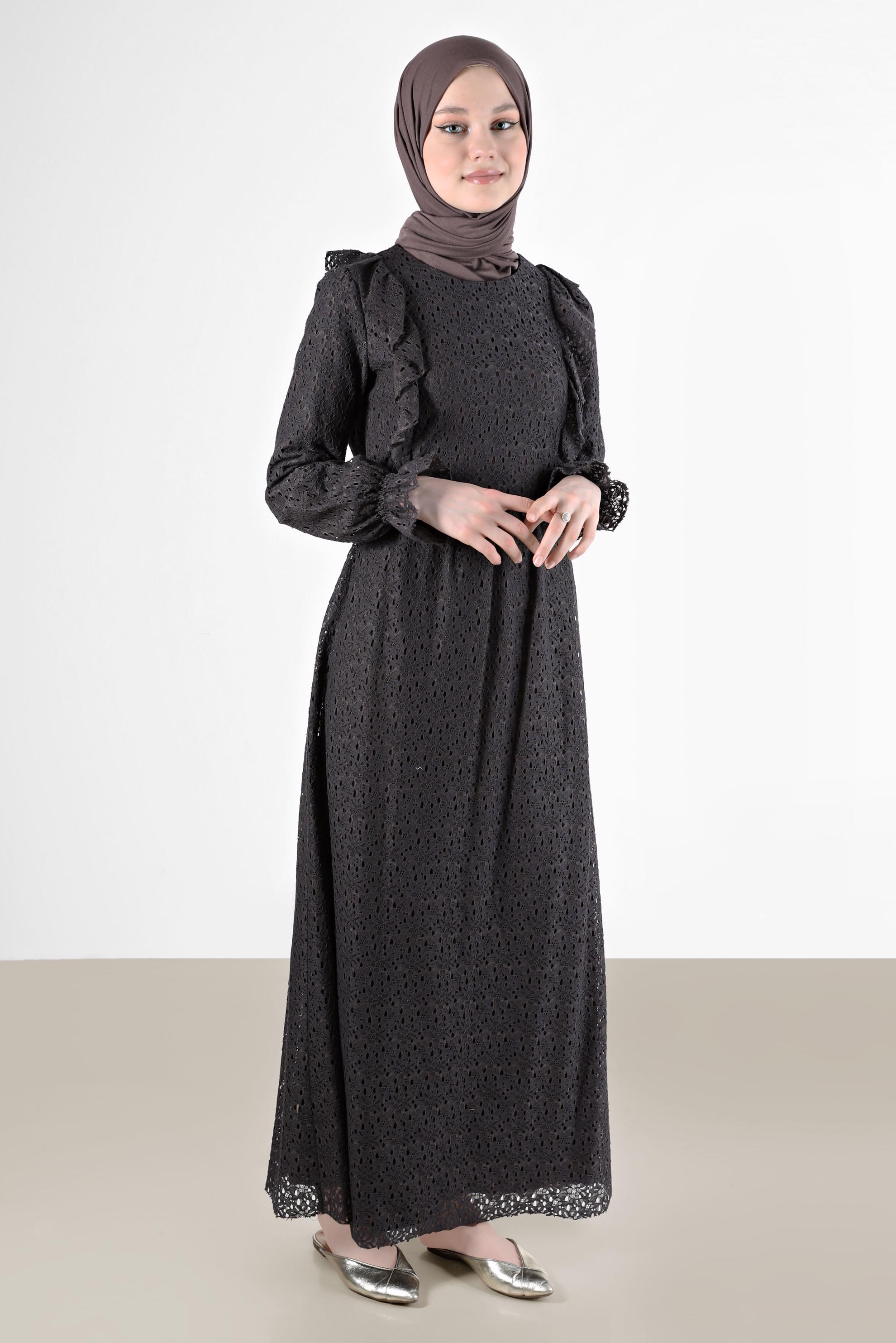 Tesettür giyim HAKİ FIRFIRLI DANTEL ELBİSE 42412 