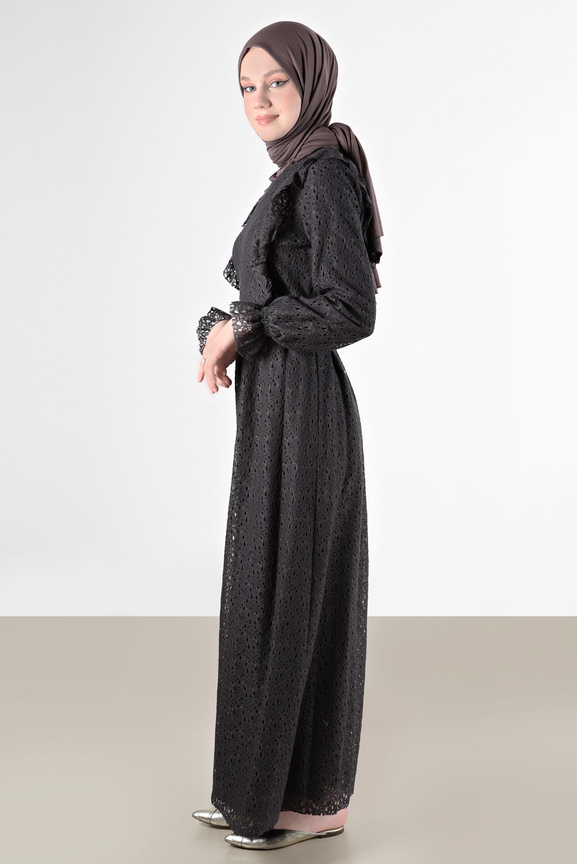 Tesettür giyim HAKİ FIRFIRLI DANTEL ELBİSE 42412 