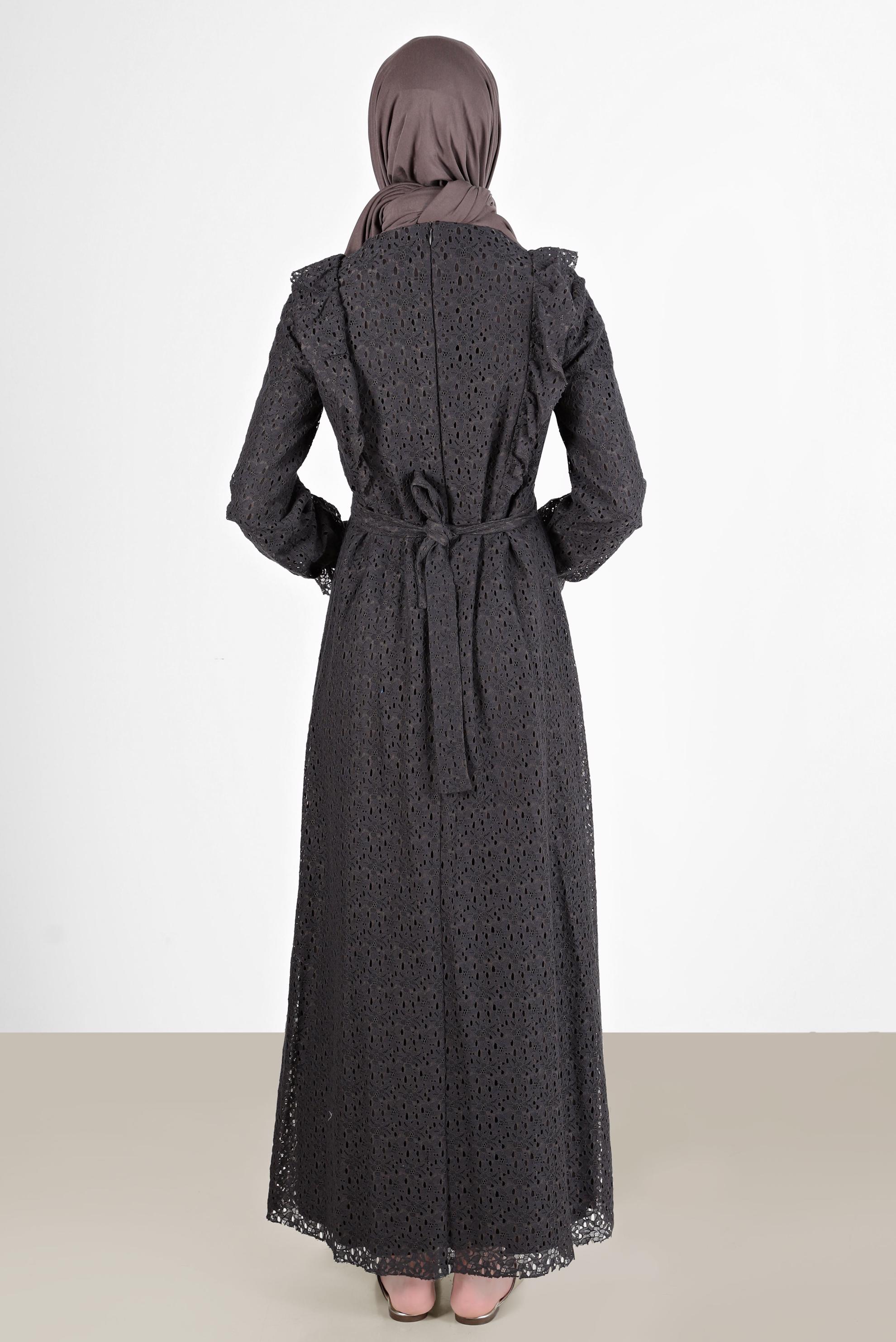 Tesettür giyim HAKİ FIRFIRLI DANTEL ELBİSE 42412 