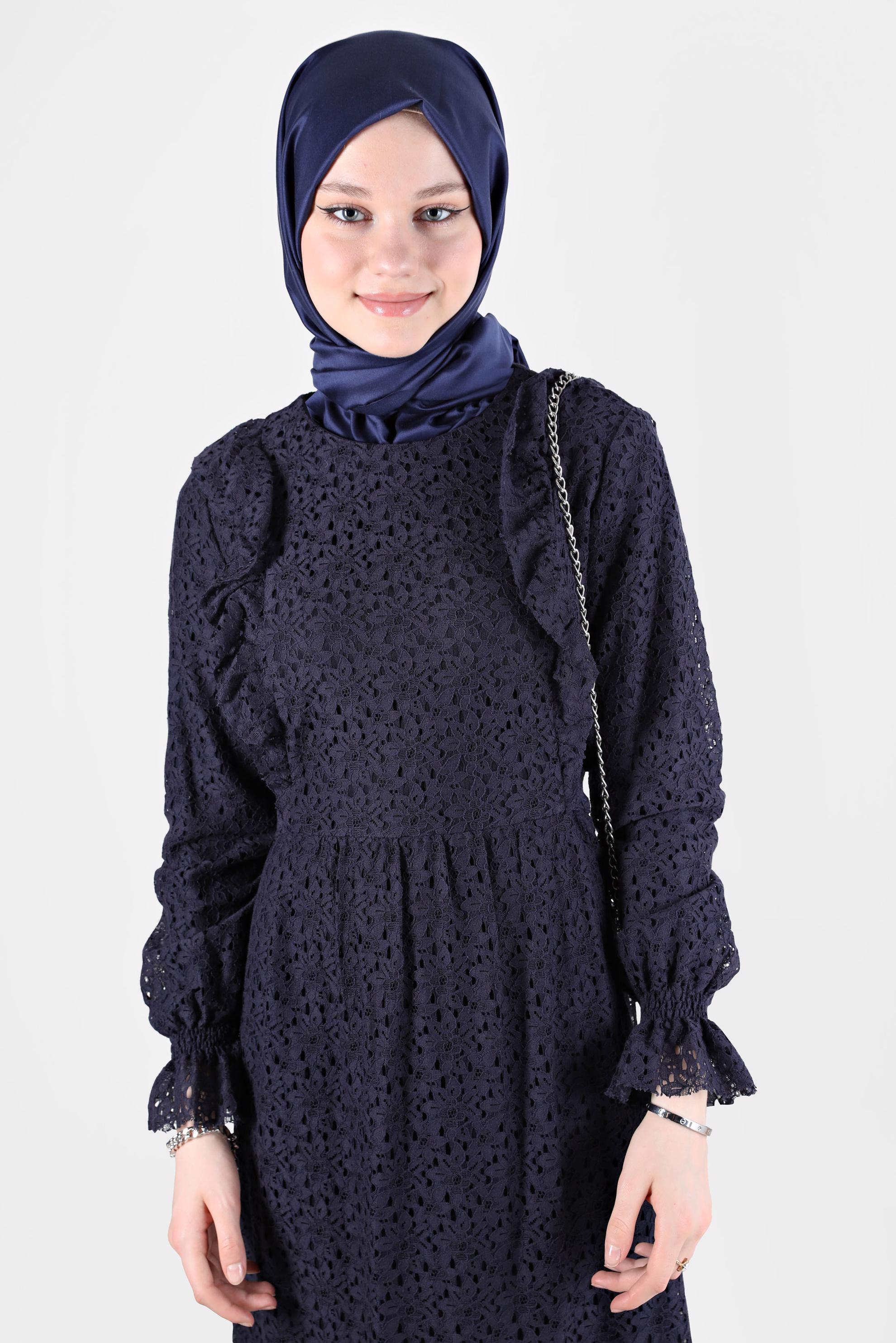 Tesettür giyim LACİVERT FIRFIRLI DANTEL ELBİSE 42412 