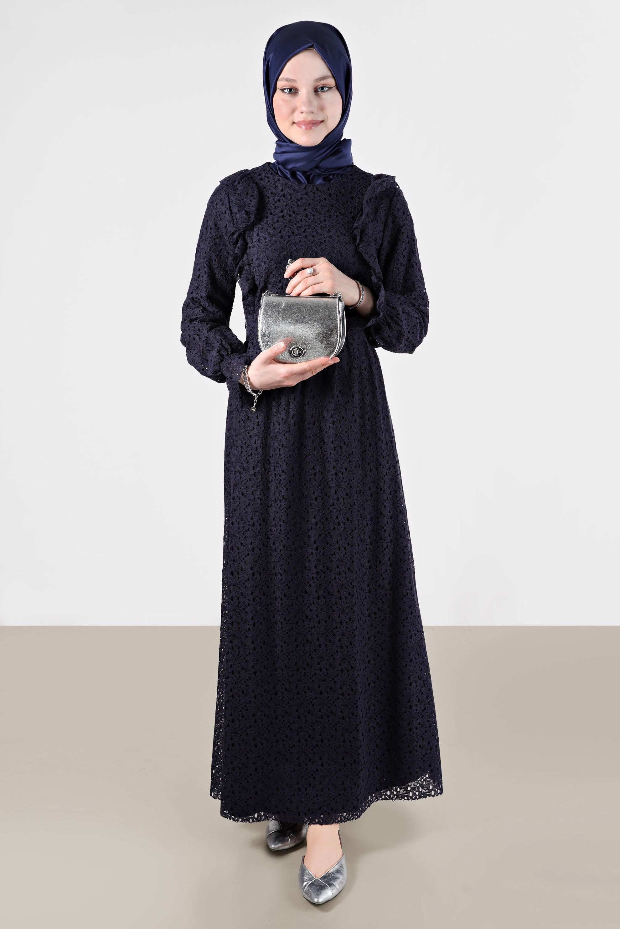 Tesettür giyim LACİVERT FIRFIRLI DANTEL ELBİSE 42412 