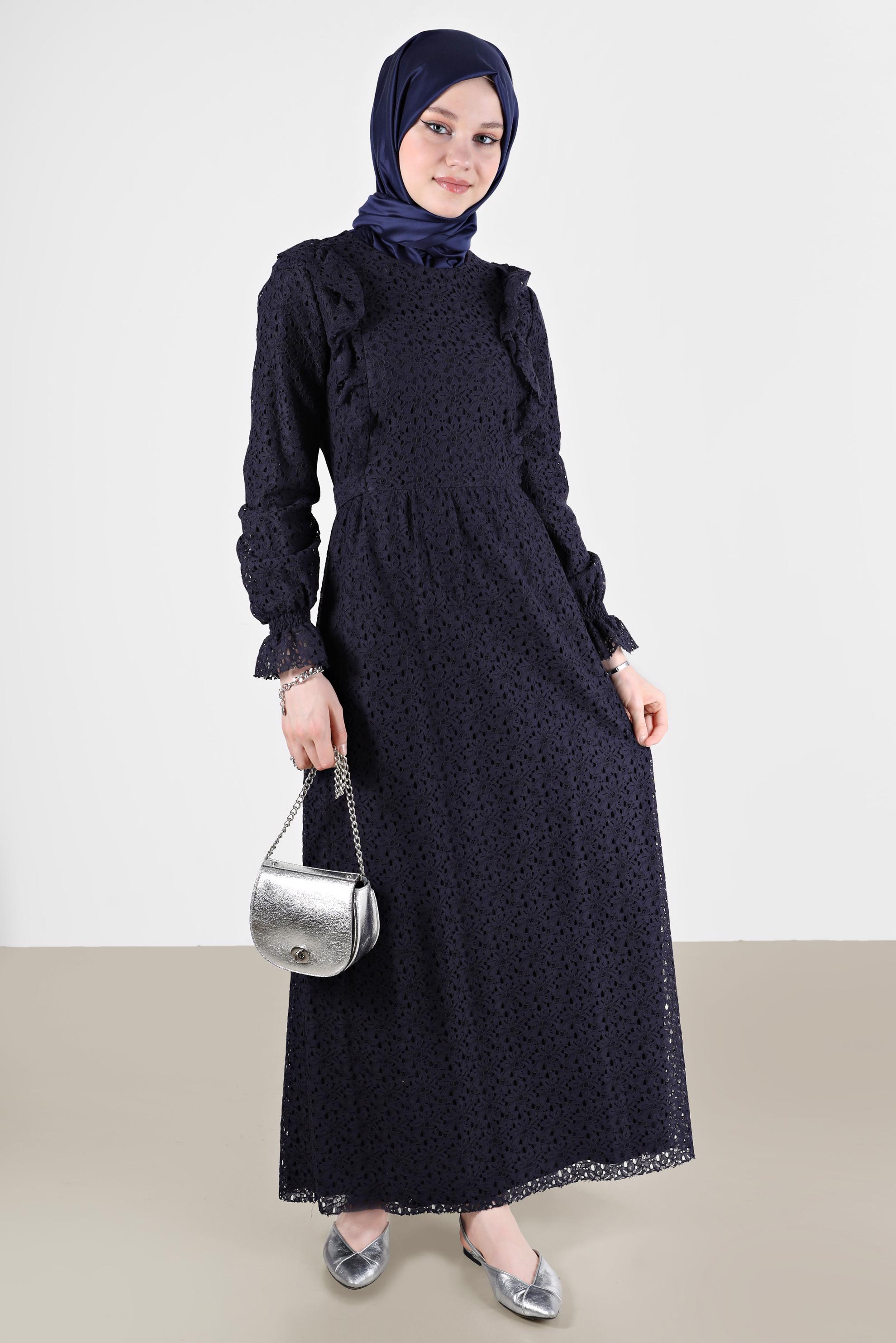 Tesettür giyim LACİVERT FIRFIRLI DANTEL ELBİSE 42412 