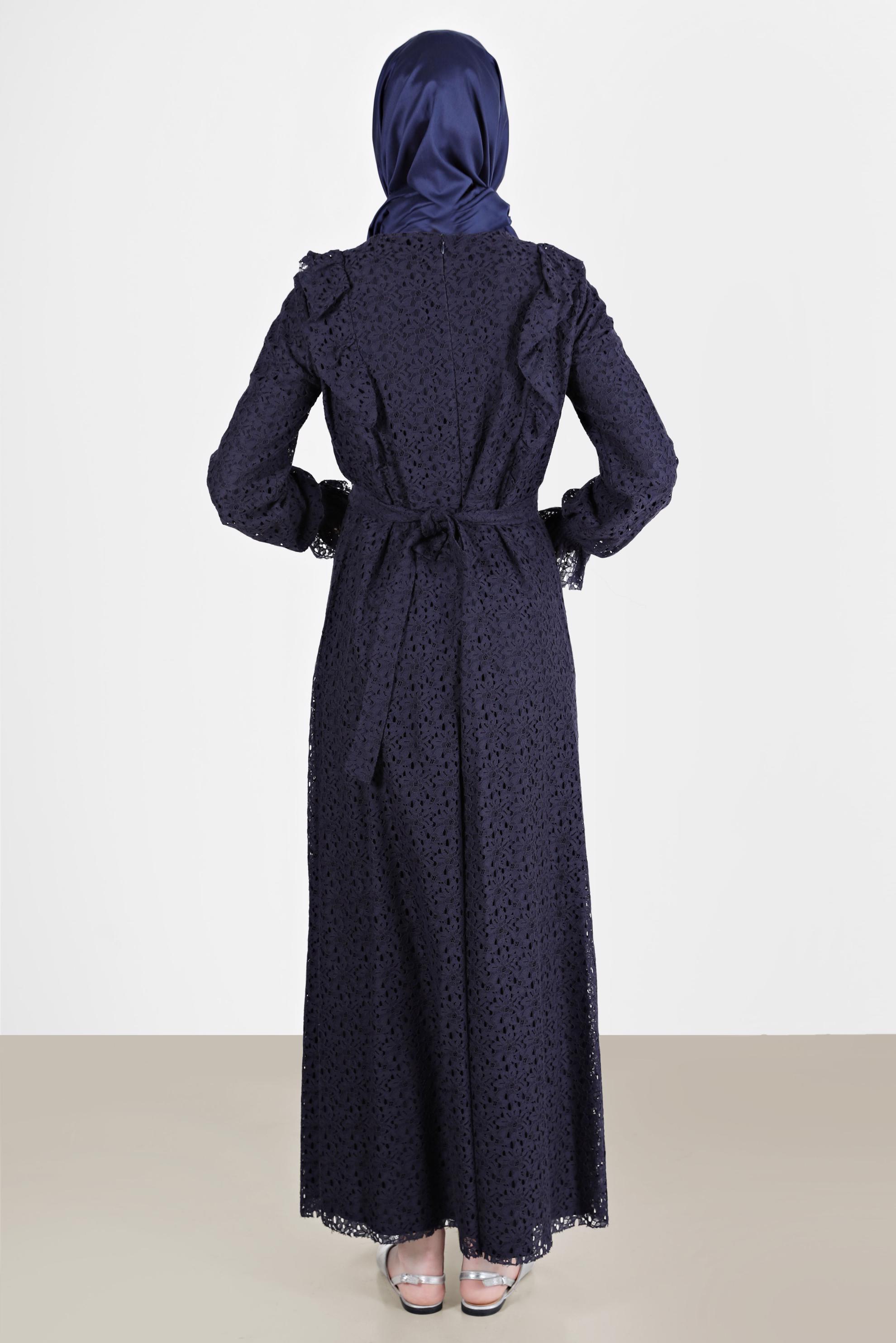 Tesettür giyim LACİVERT FIRFIRLI DANTEL ELBİSE 42412 