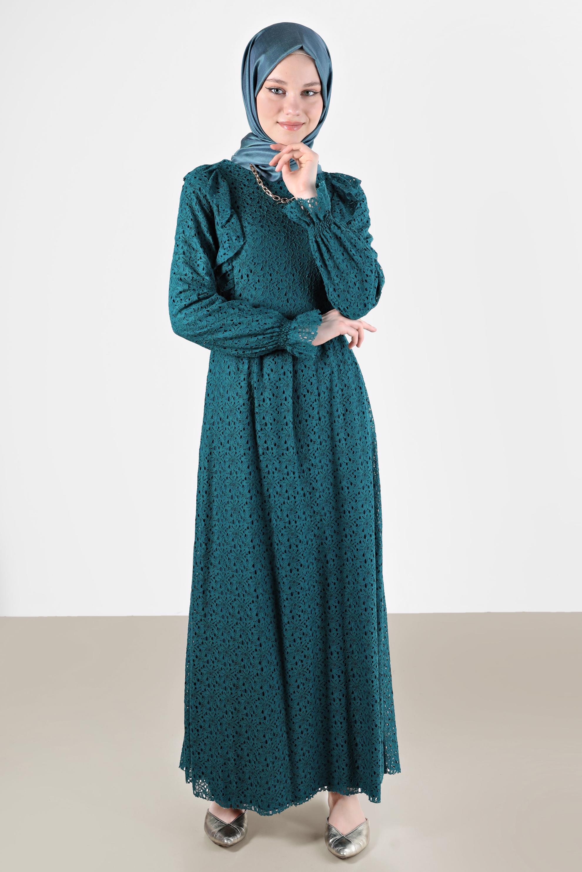 Tesettür giyim MAVİ FIRFIRLI DANTEL ELBİSE 42412 