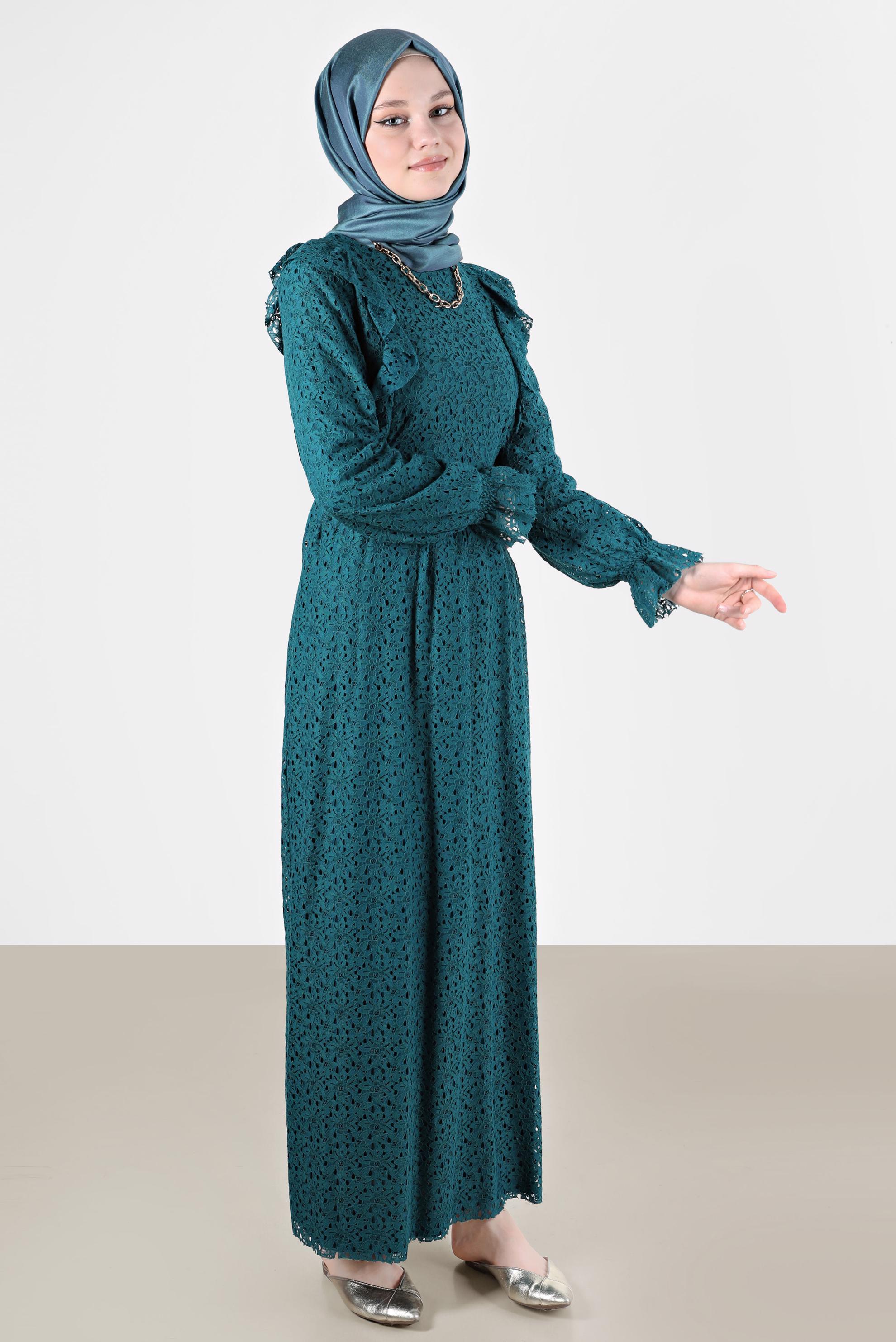 Tesettür giyim MAVİ FIRFIRLI DANTEL ELBİSE 42412 