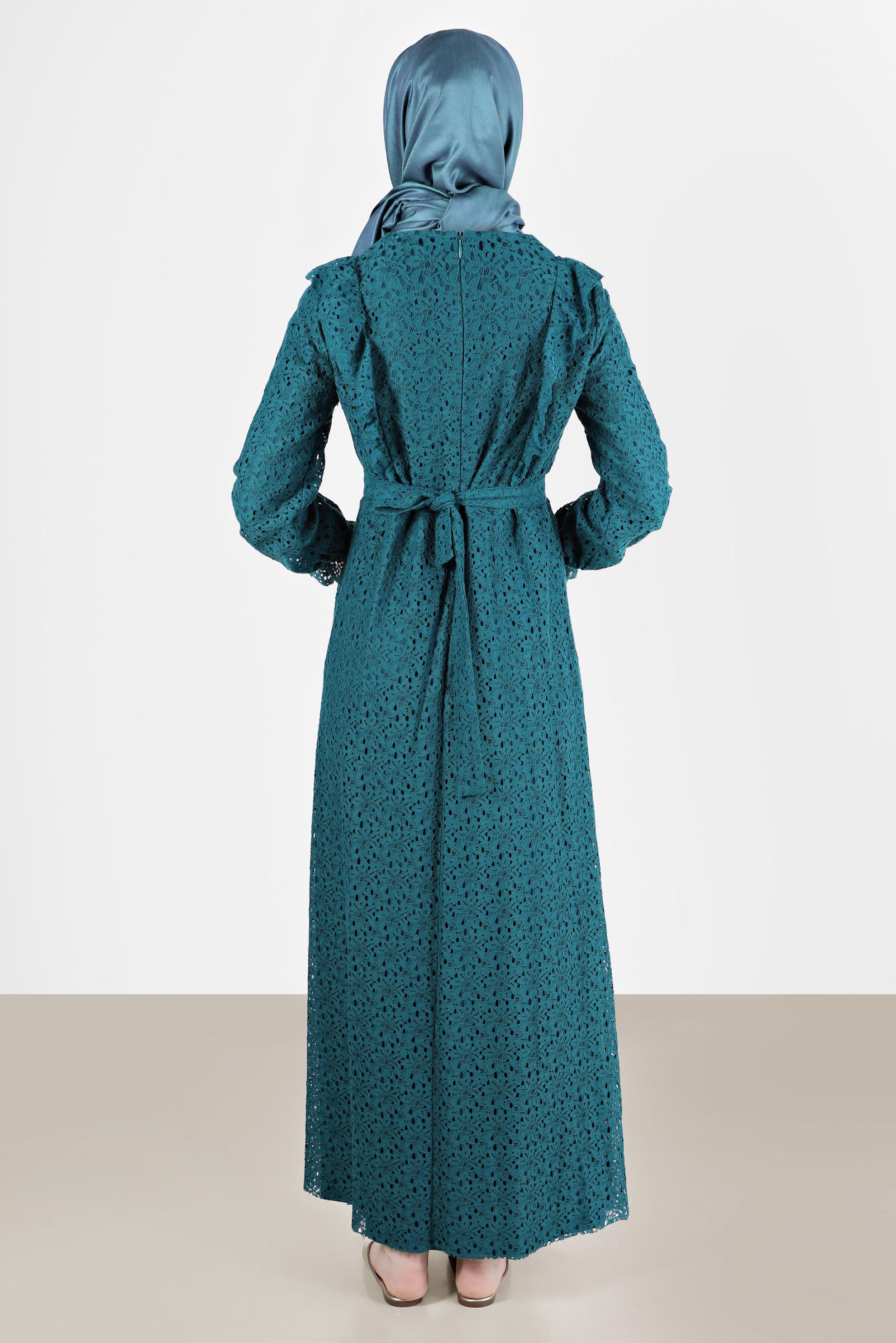 Tesettür giyim MAVİ FIRFIRLI DANTEL ELBİSE 42412 