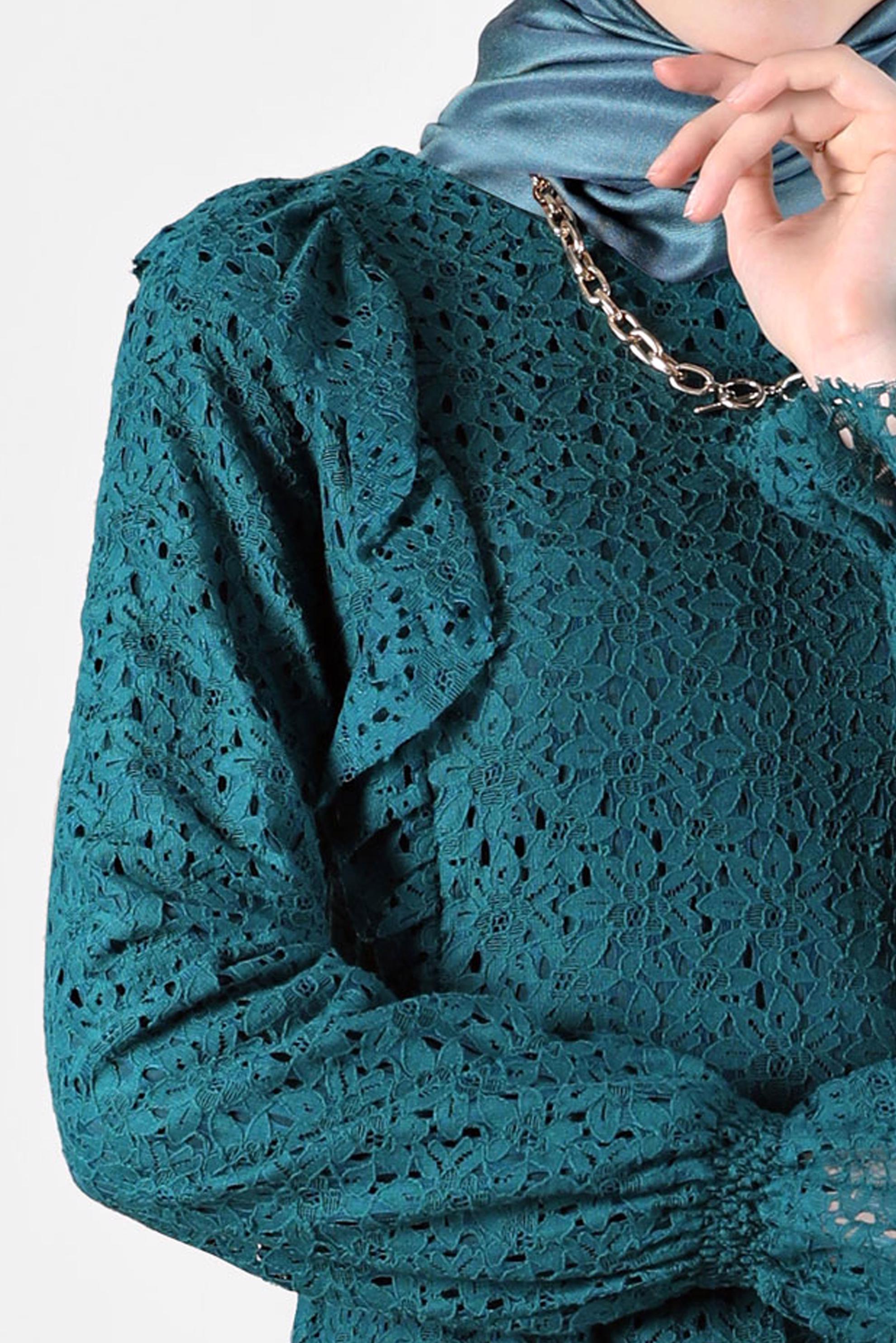 Tesettür giyim MAVİ FIRFIRLI DANTEL ELBİSE 42412 