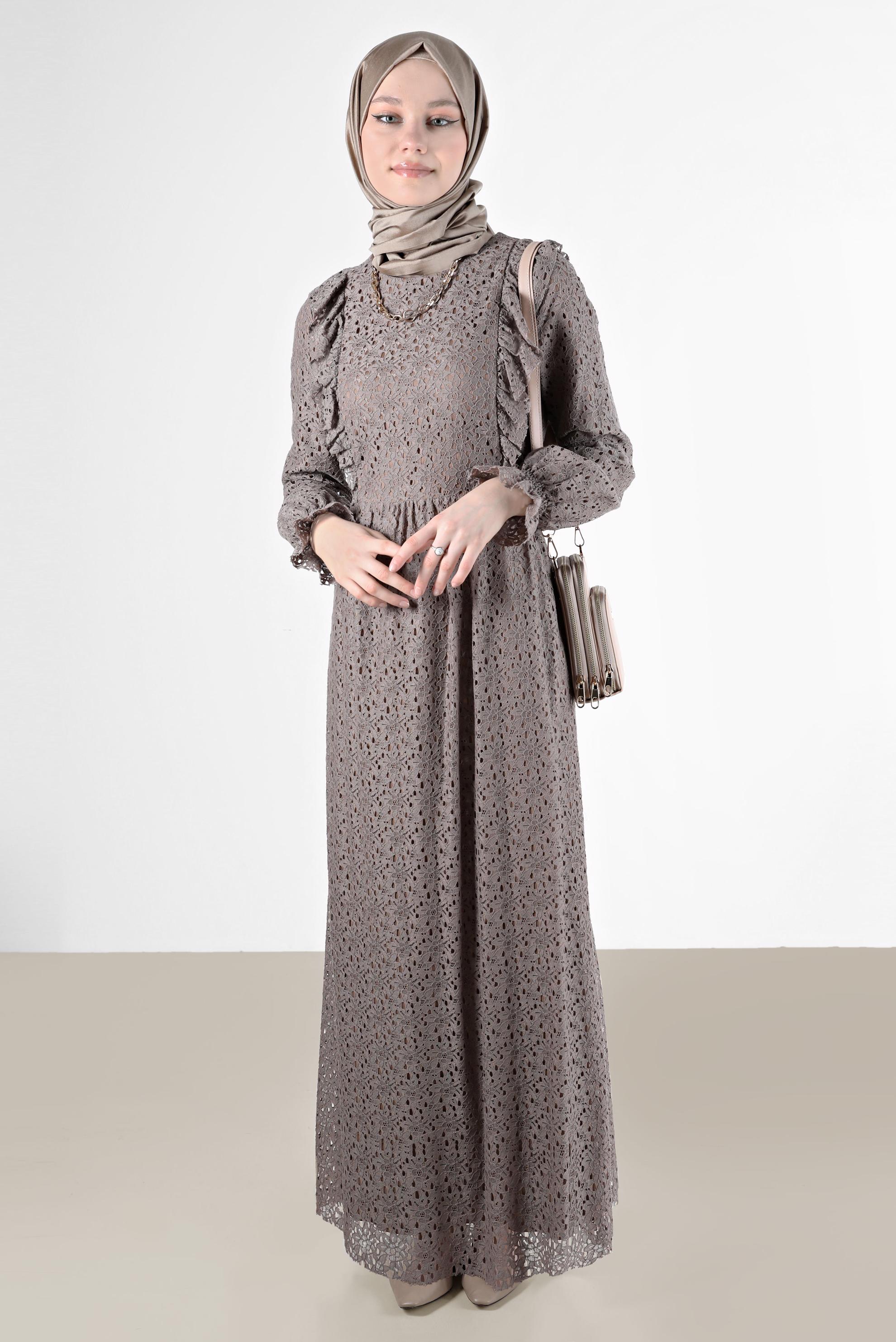 Tesettür giyim VİZON FIRFIRLI DANTEL ELBİSE 42412 