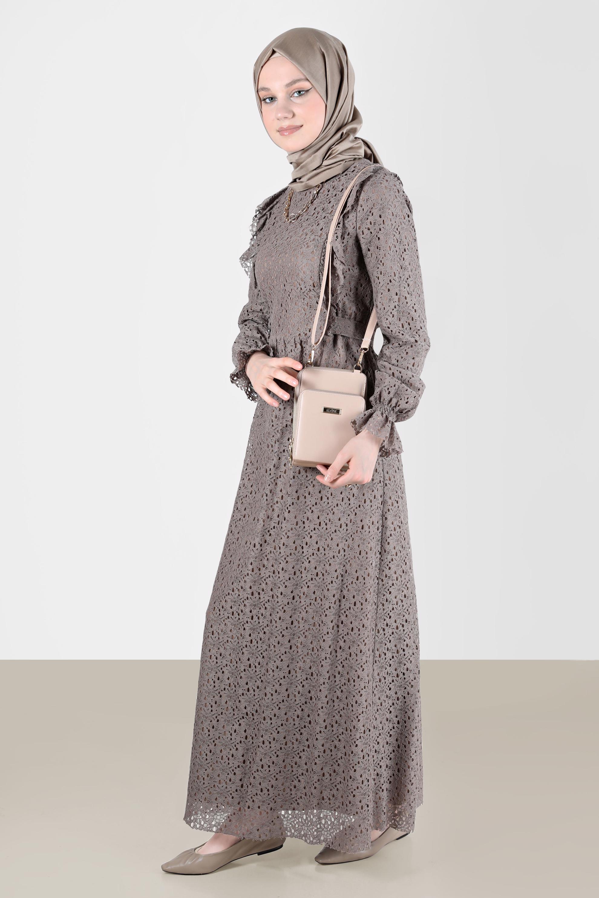 Tesettür giyim VİZON FIRFIRLI DANTEL ELBİSE 42412 