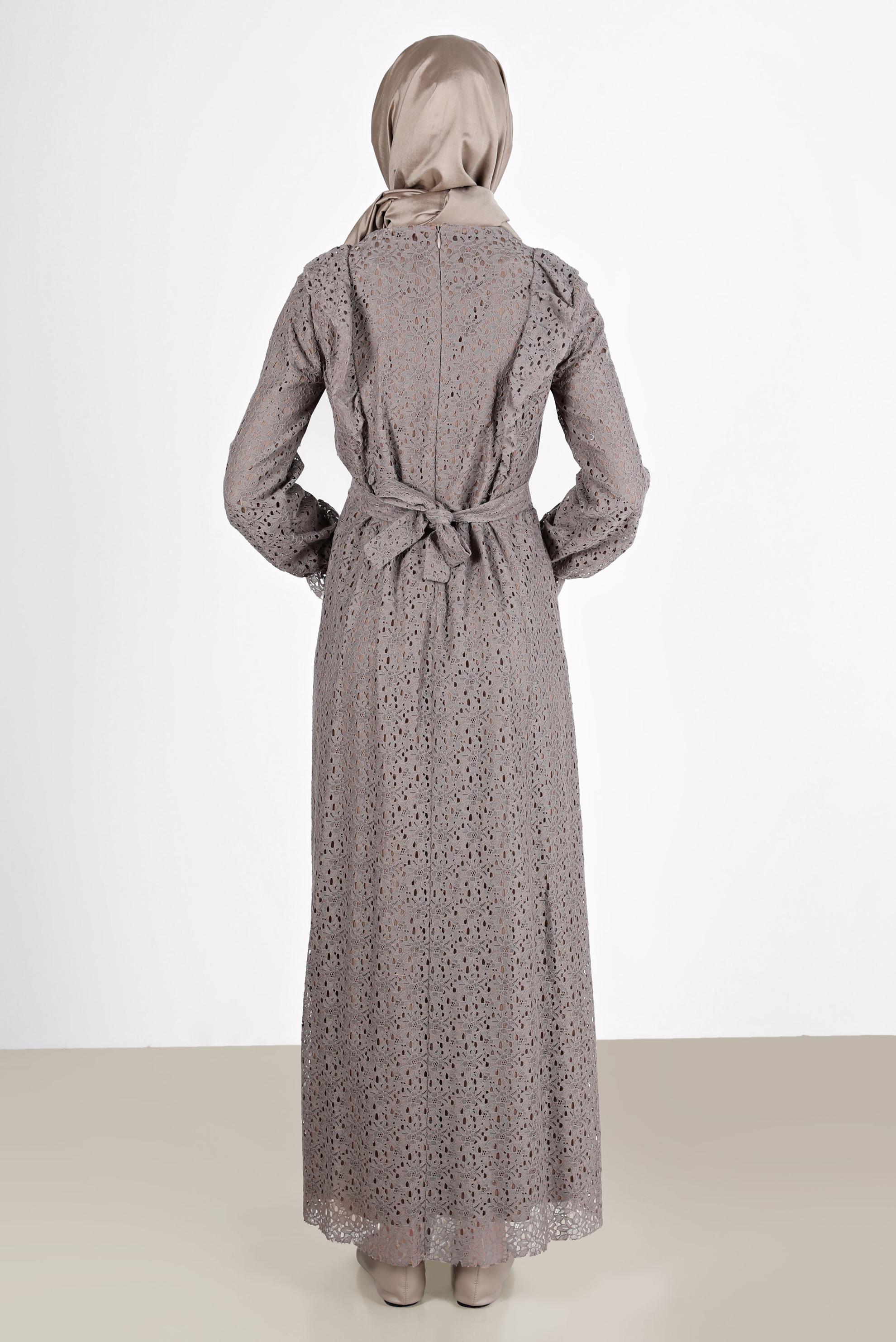 Tesettür giyim VİZON FIRFIRLI DANTEL ELBİSE 42412 