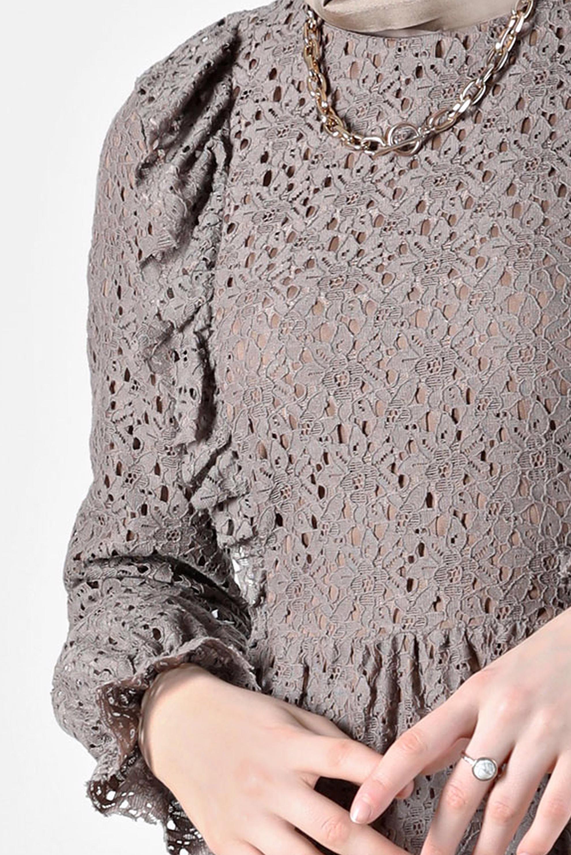 Tesettür giyim VİZON FIRFIRLI DANTEL ELBİSE 42412 