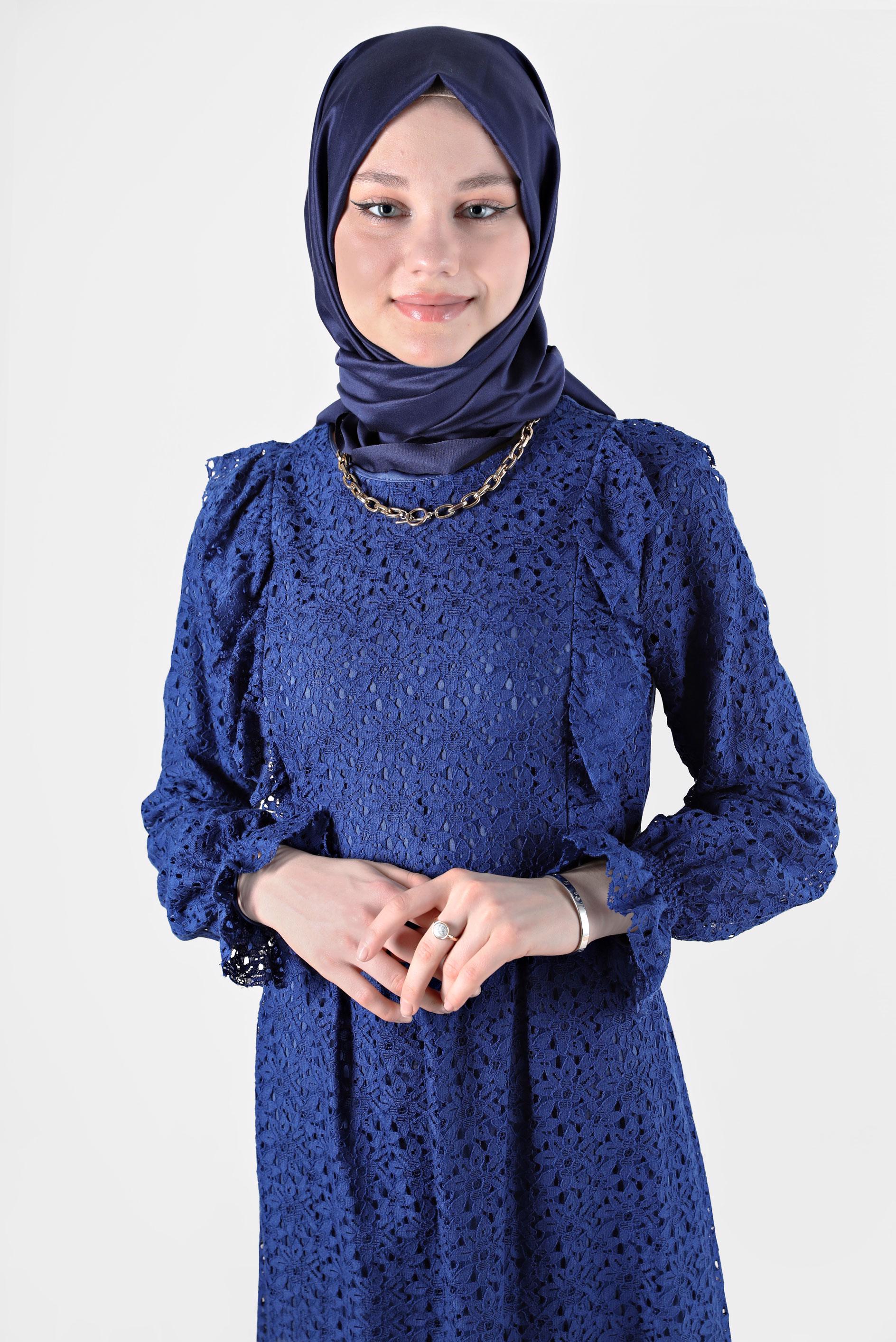 Tesettür giyim LACİVERT FIRFIRLI DANTEL ELBİSE 42412 