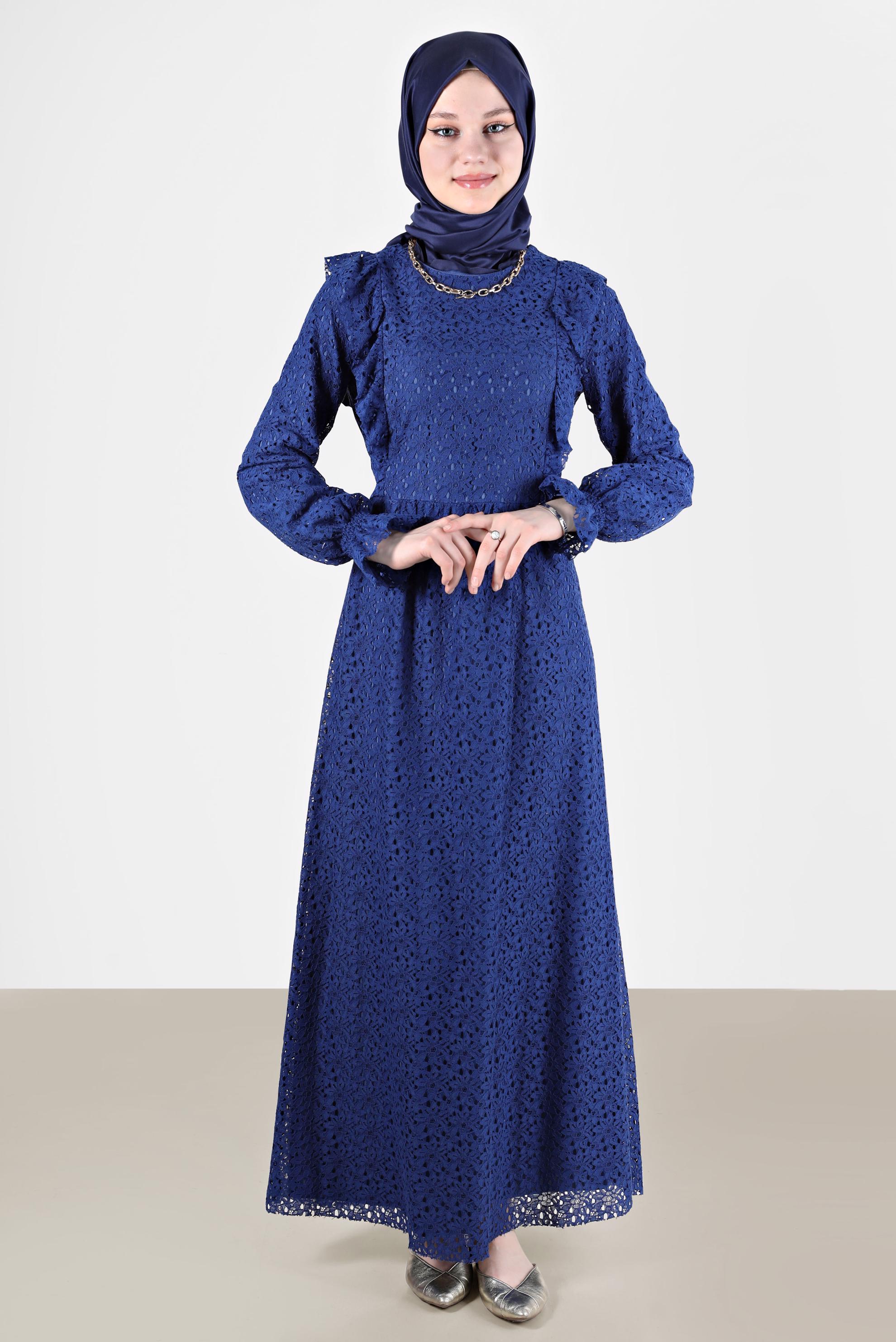 Tesettür giyim LACİVERT FIRFIRLI DANTEL ELBİSE 42412 