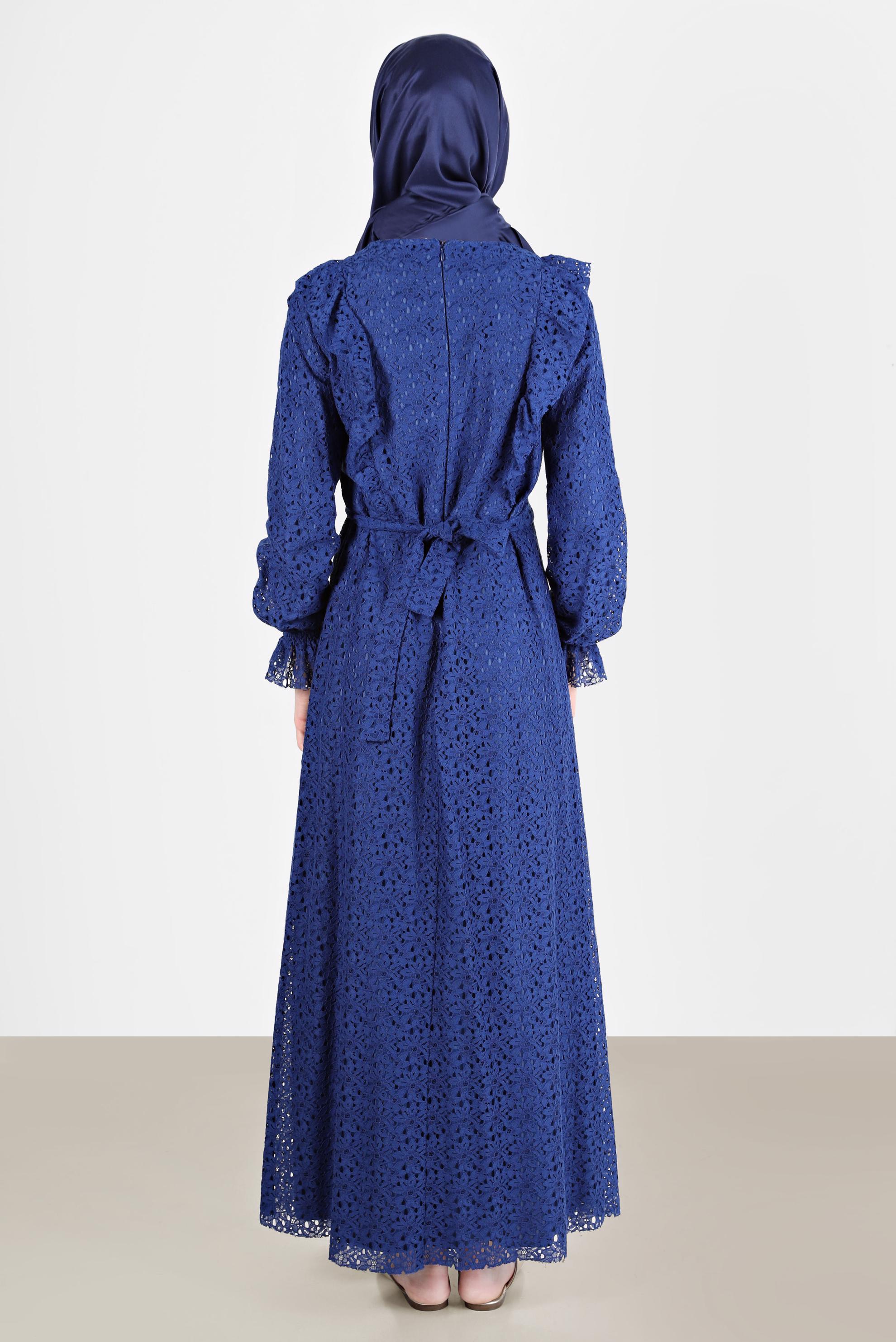 Tesettür giyim LACİVERT FIRFIRLI DANTEL ELBİSE 42412 