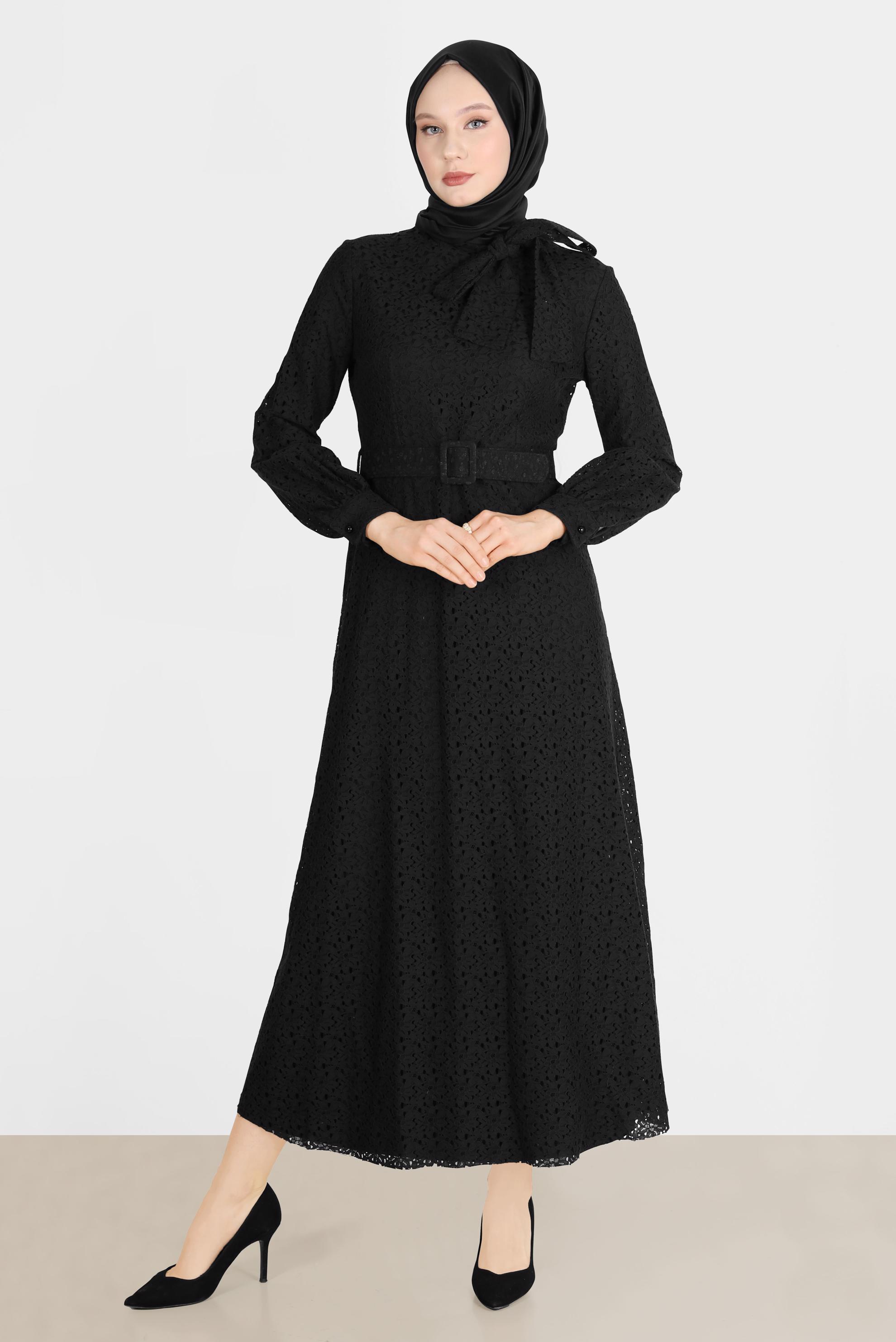 Tesettür giyim SİYAH FİYONK DETAYLI DANTEL ELBİSE 42413 
