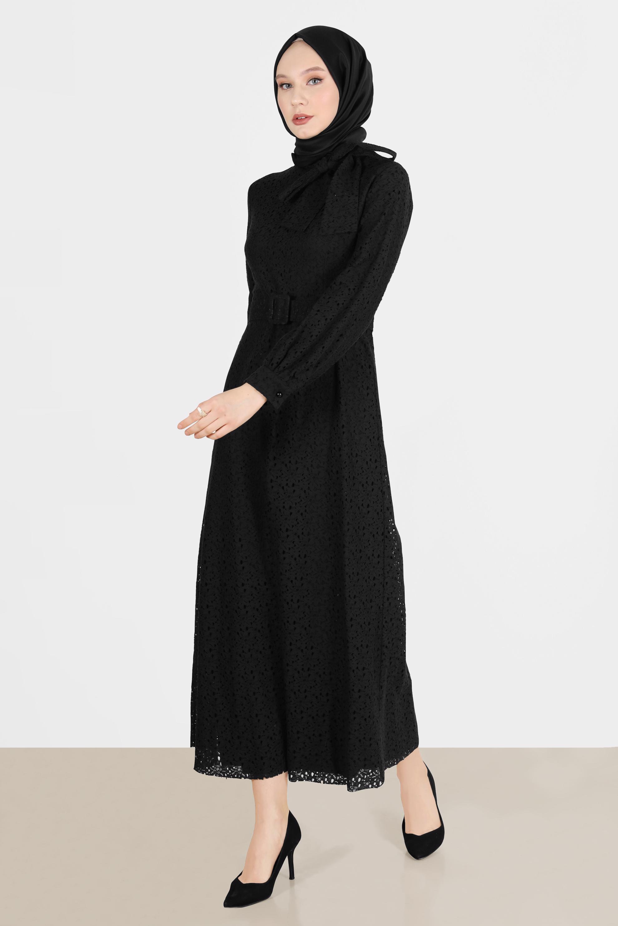 Tesettür giyim SİYAH FİYONK DETAYLI DANTEL ELBİSE 42413 