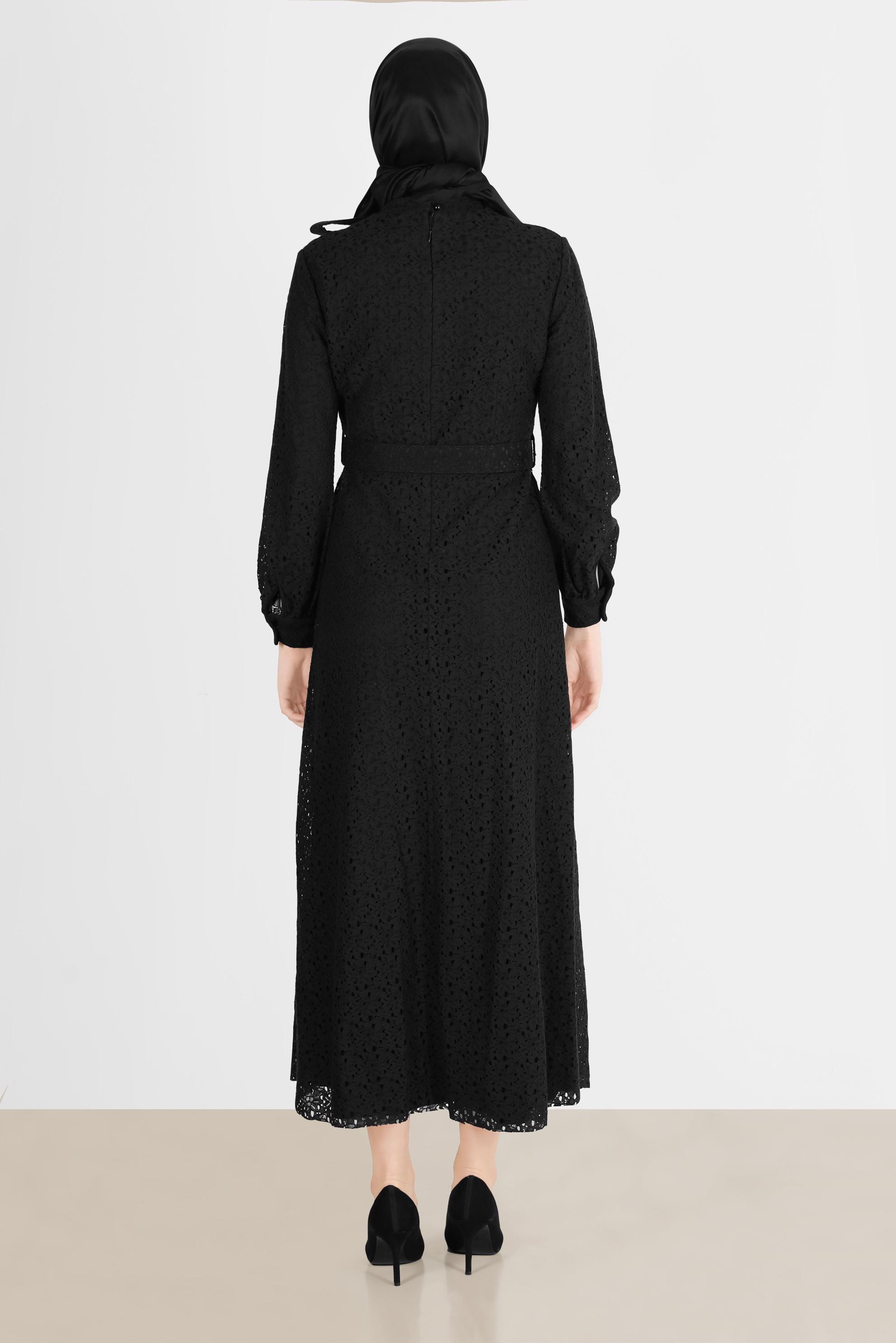 Tesettür giyim SİYAH FİYONK DETAYLI DANTEL ELBİSE 42413 