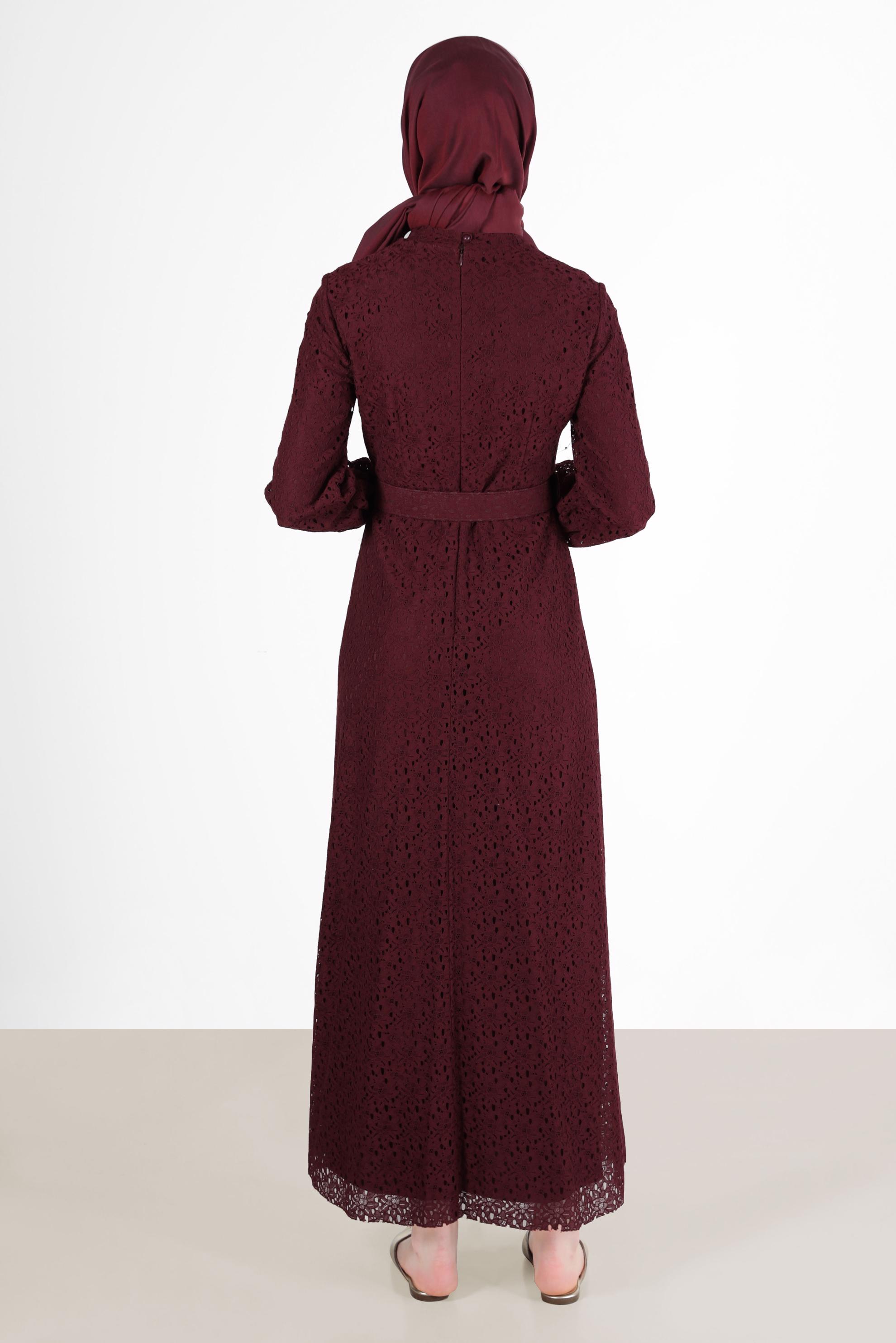 Tesettür giyim BORDO FİYONK DETAYLI DANTEL ELBİSE 42413 