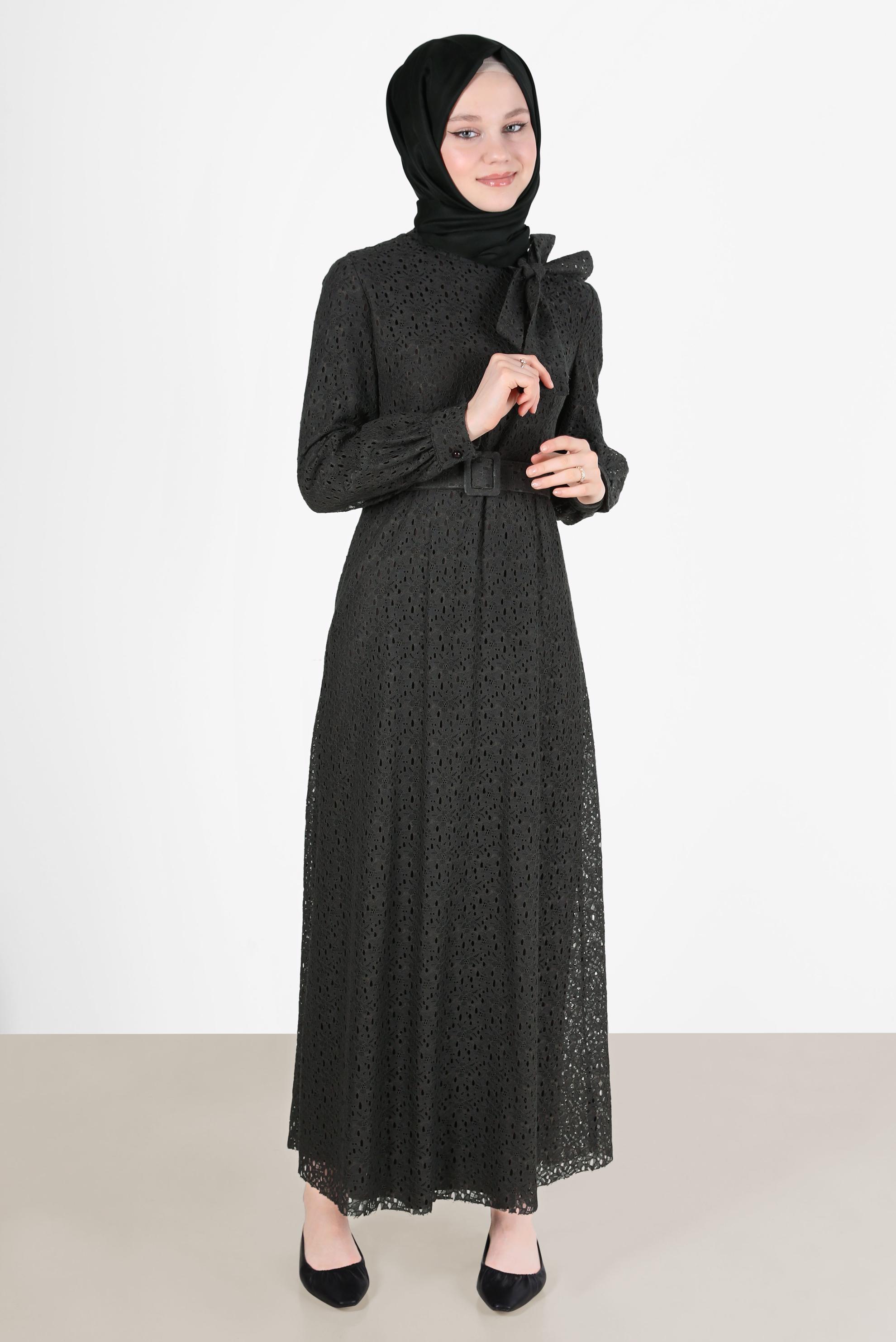 Tesettür giyim HAKİ FİYONK DETAYLI DANTEL ELBİSE 42413 