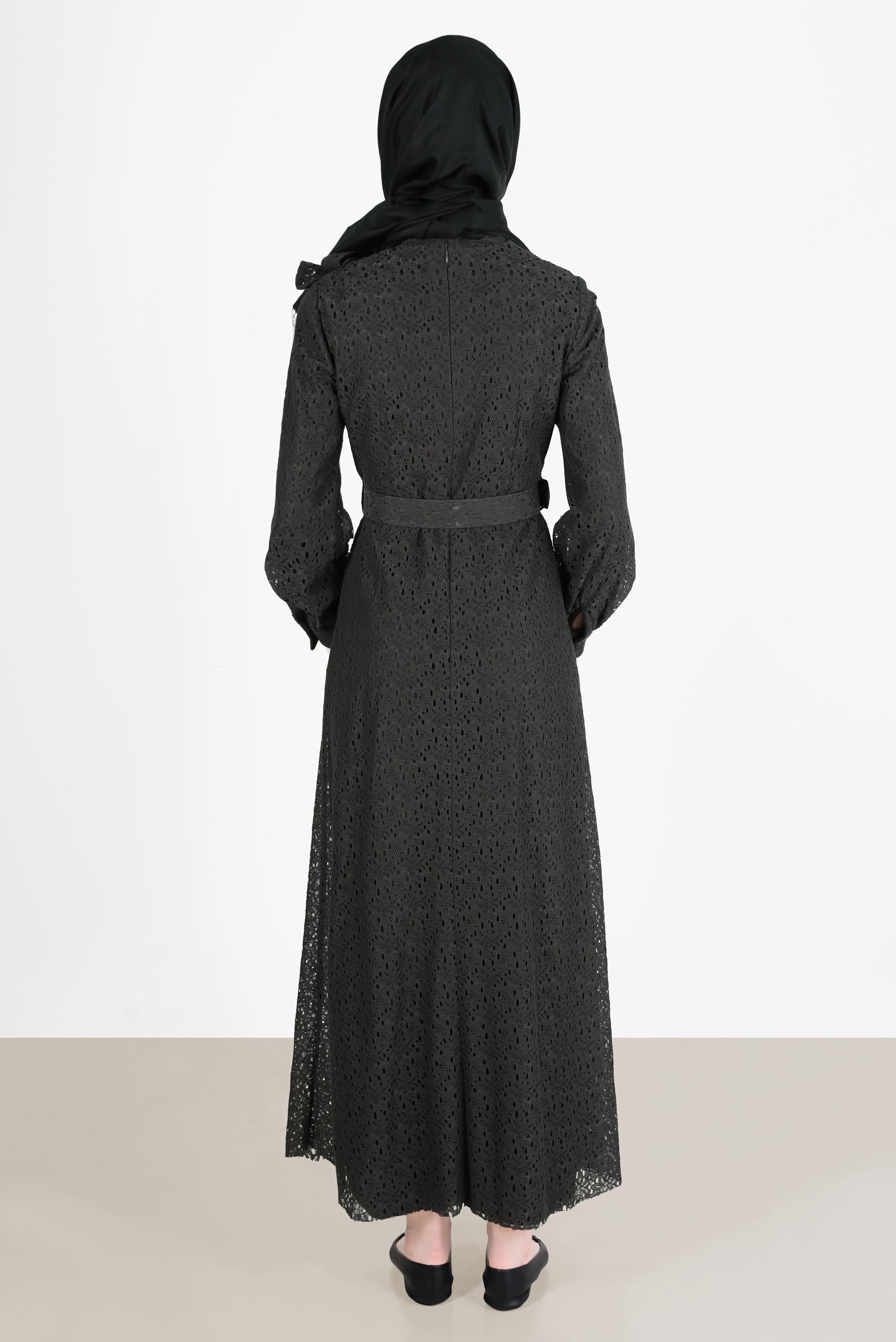 Tesettür giyim HAKİ FİYONK DETAYLI DANTEL ELBİSE 42413 