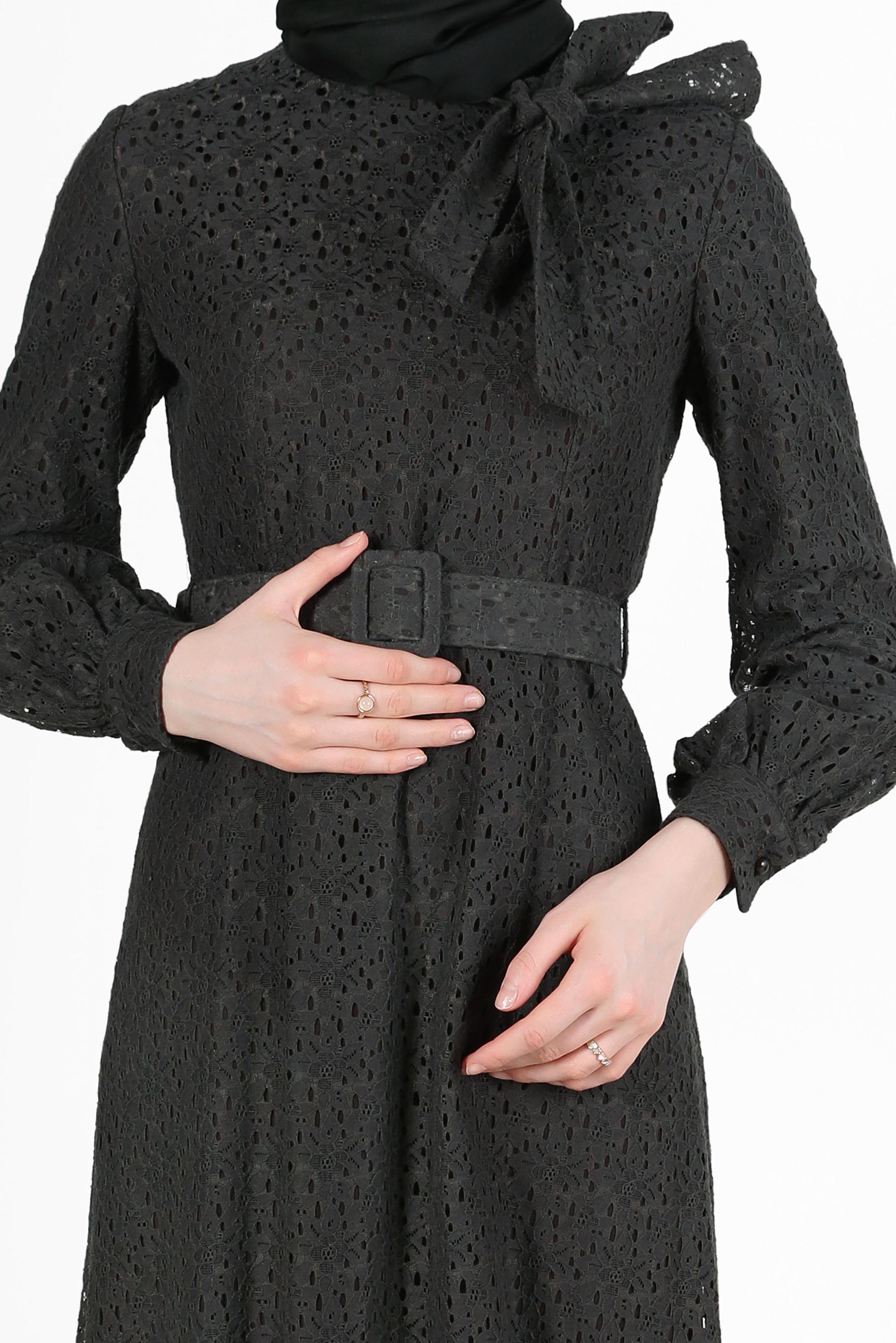 Tesettür giyim HAKİ FİYONK DETAYLI DANTEL ELBİSE 42413 