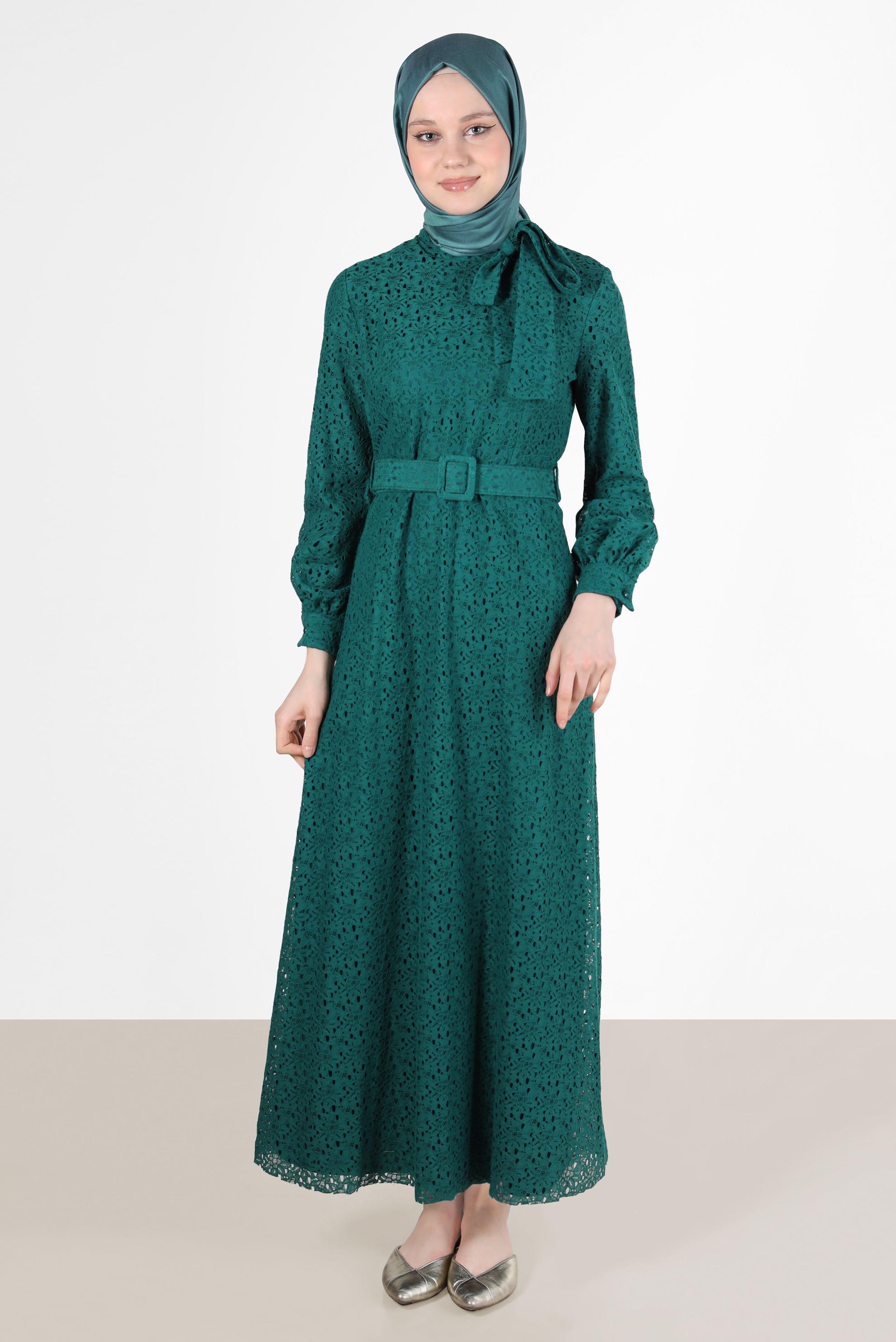 Tesettür giyim MAVİ FİYONK DETAYLI DANTEL ELBİSE 42413 