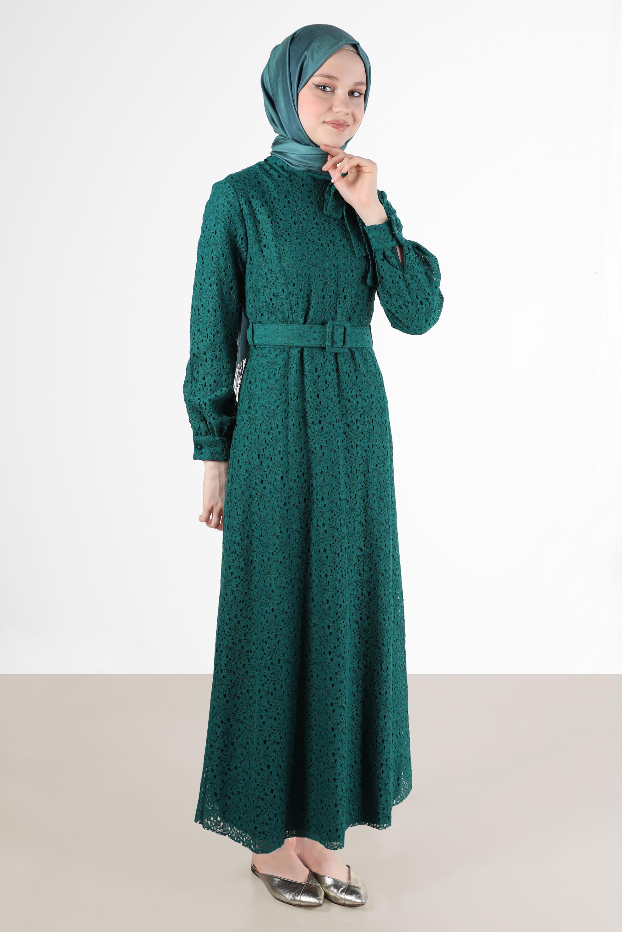 Tesettür giyim MAVİ FİYONK DETAYLI DANTEL ELBİSE 42413 