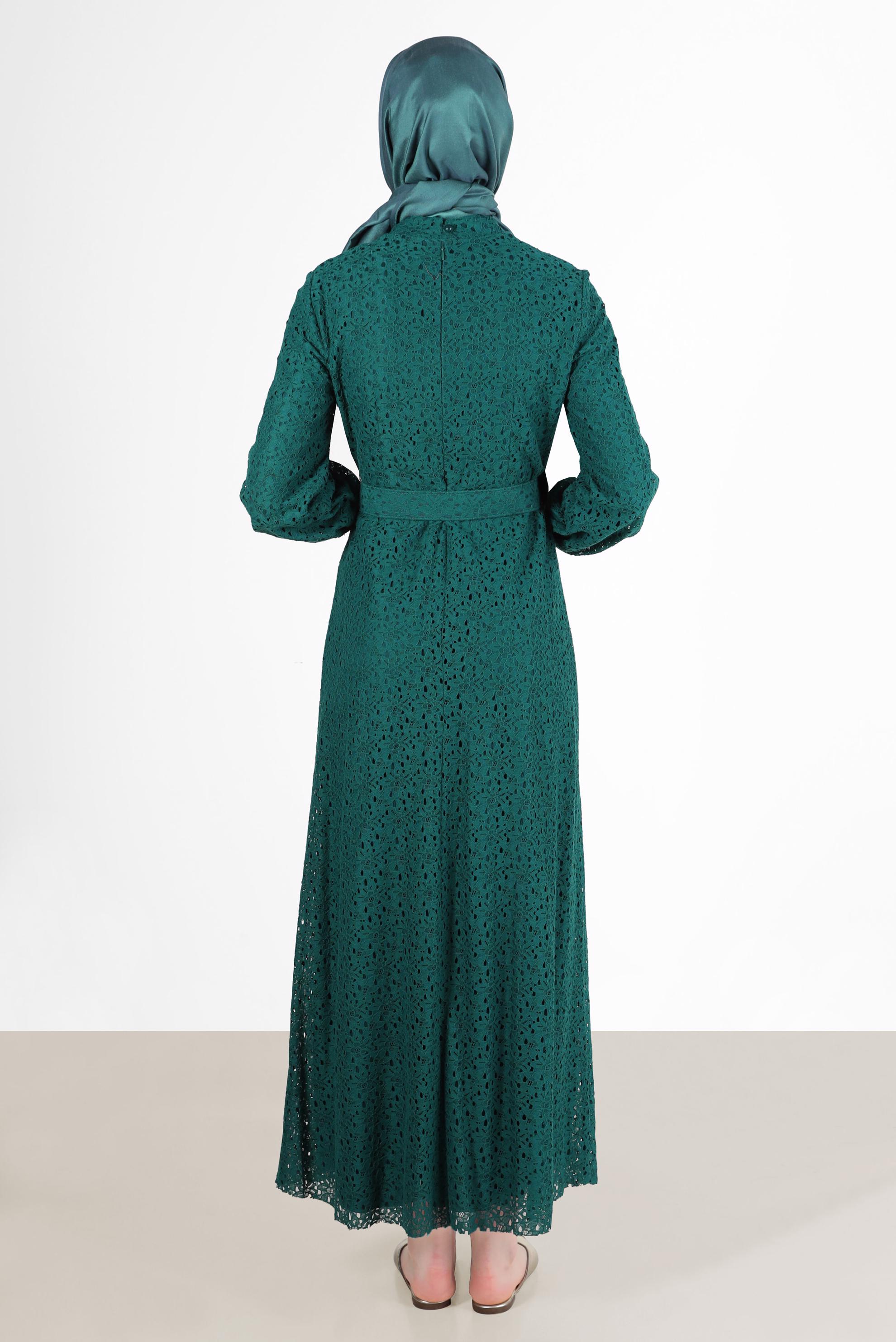 Tesettür giyim MAVİ FİYONK DETAYLI DANTEL ELBİSE 42413 