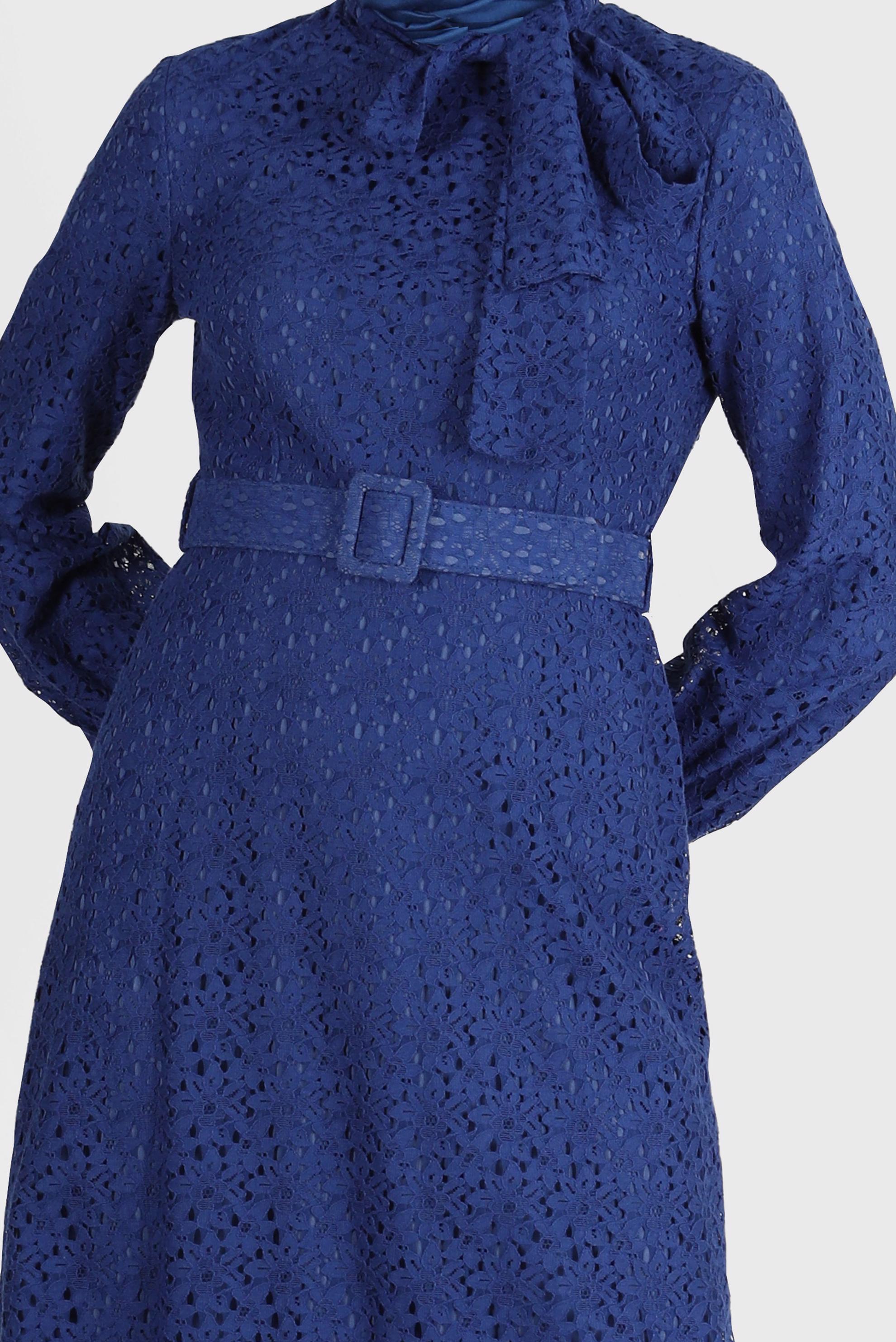 Tesettür giyim LACİVERT FİYONK DETAYLI DANTEL ELBİSE 42413 