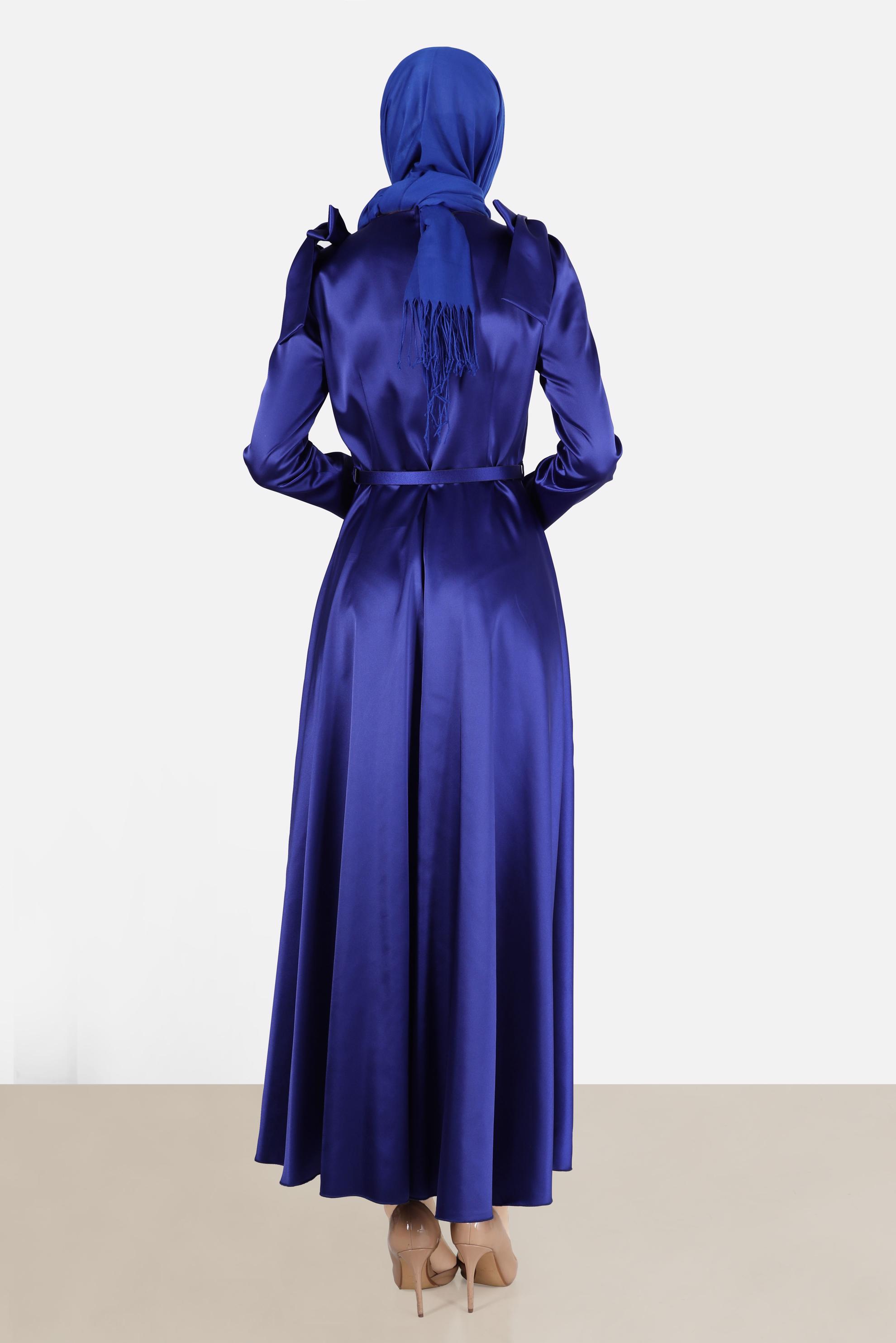 Tesettür giyim MAVİ OMUZLARI FİYONK DETAYLI ELBİSE 42418 