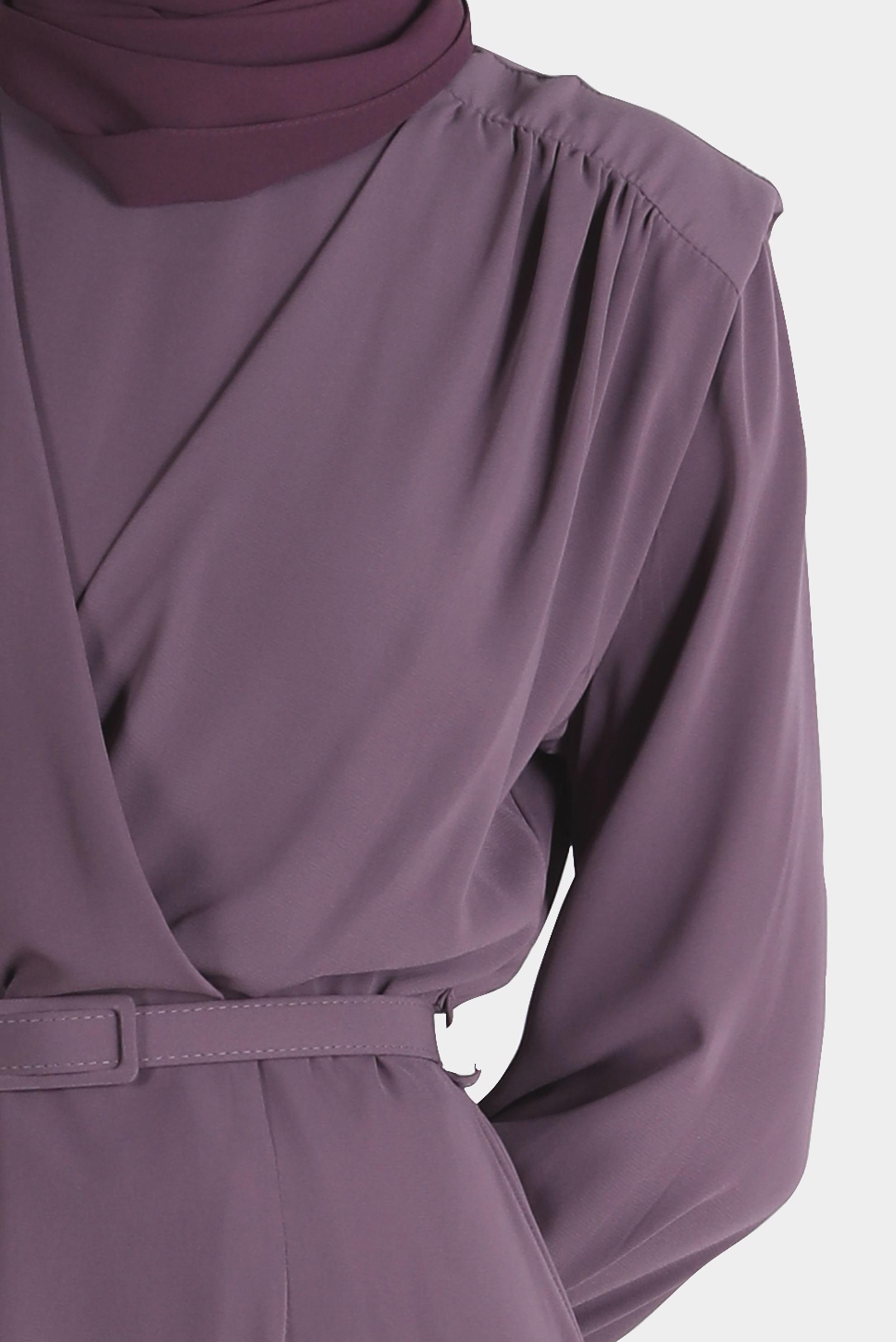 Tesettür giyim MOR OMUZLARI BÜZGÜLÜ KEMERLİ ELBİSE 42525 