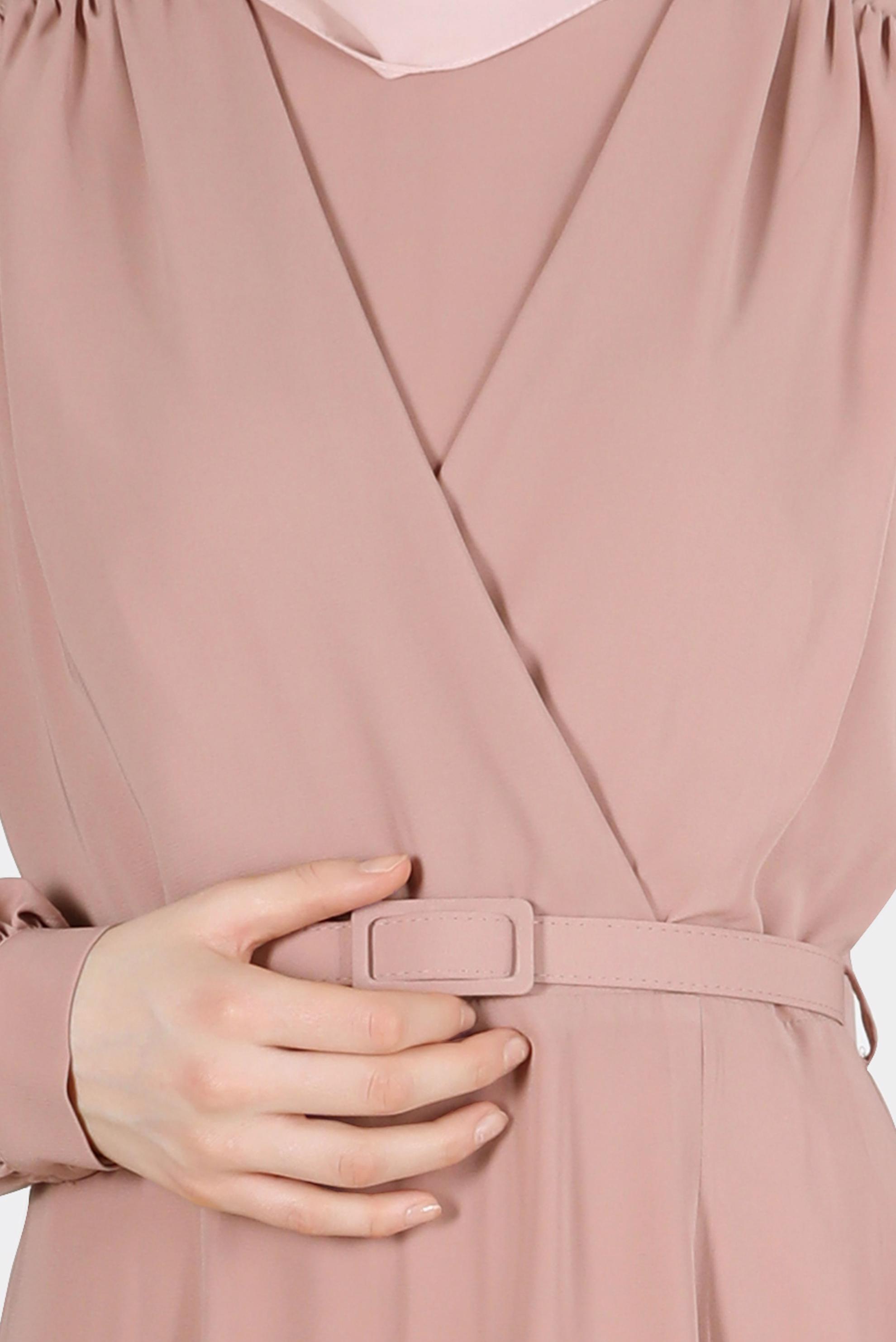 Tesettür giyim BEJ OMUZLARI BÜZGÜLÜ KEMERLİ ELBİSE 42525 