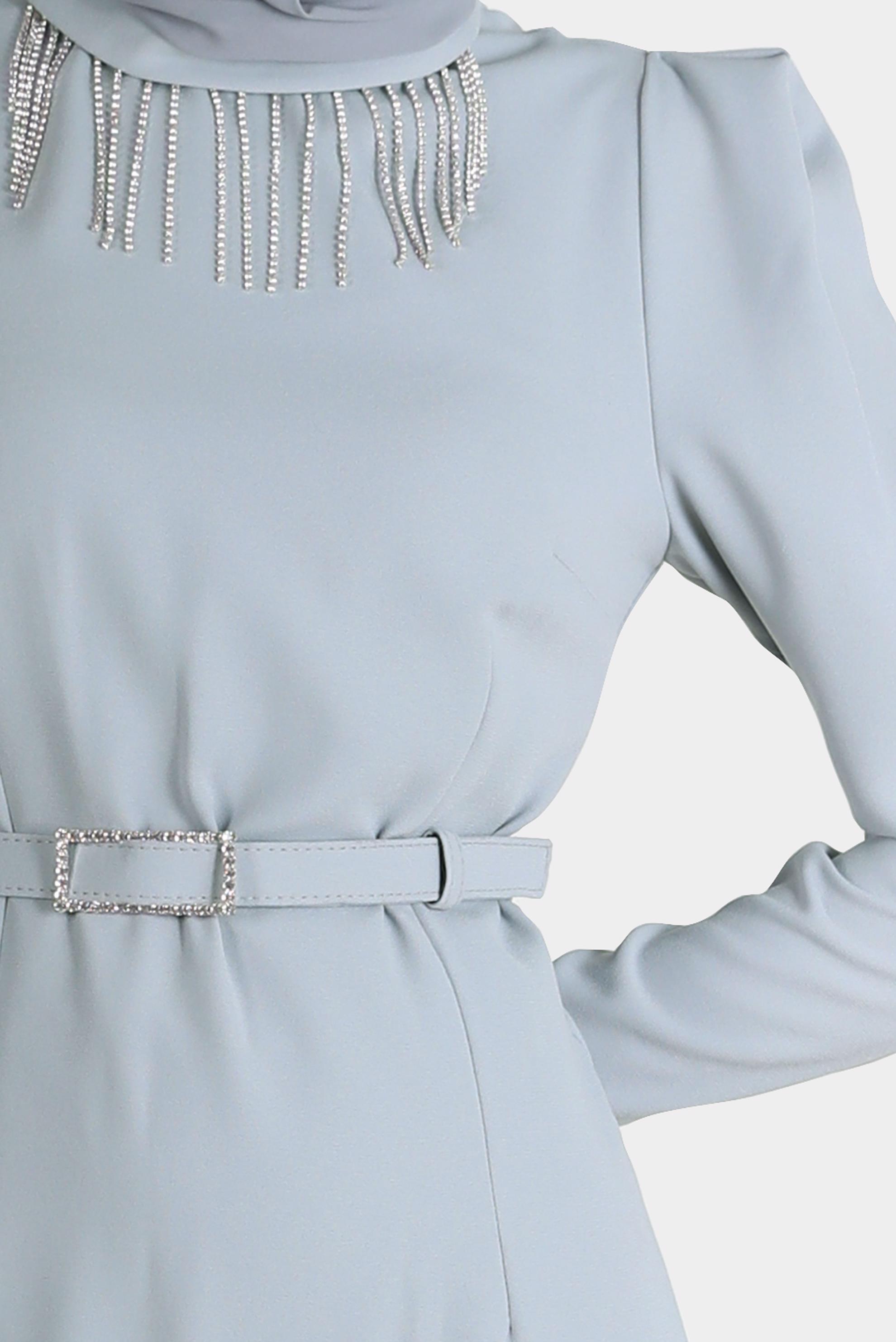 Tesettür giyim GRİ PÜSKÜL DETAYLI VATKALI ELBİSE 42526 