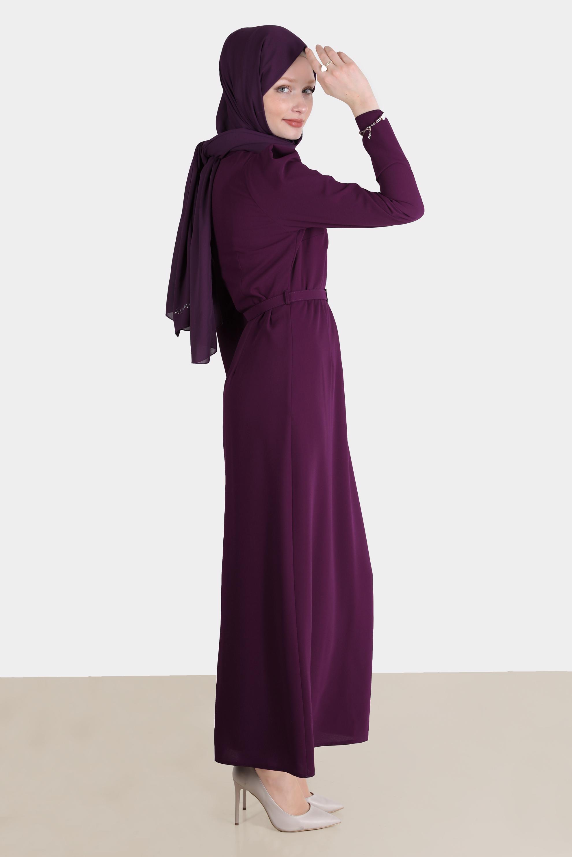 Tesettür giyim BORDO PÜSKÜL DETAYLI VATKALI ELBİSE 42526 