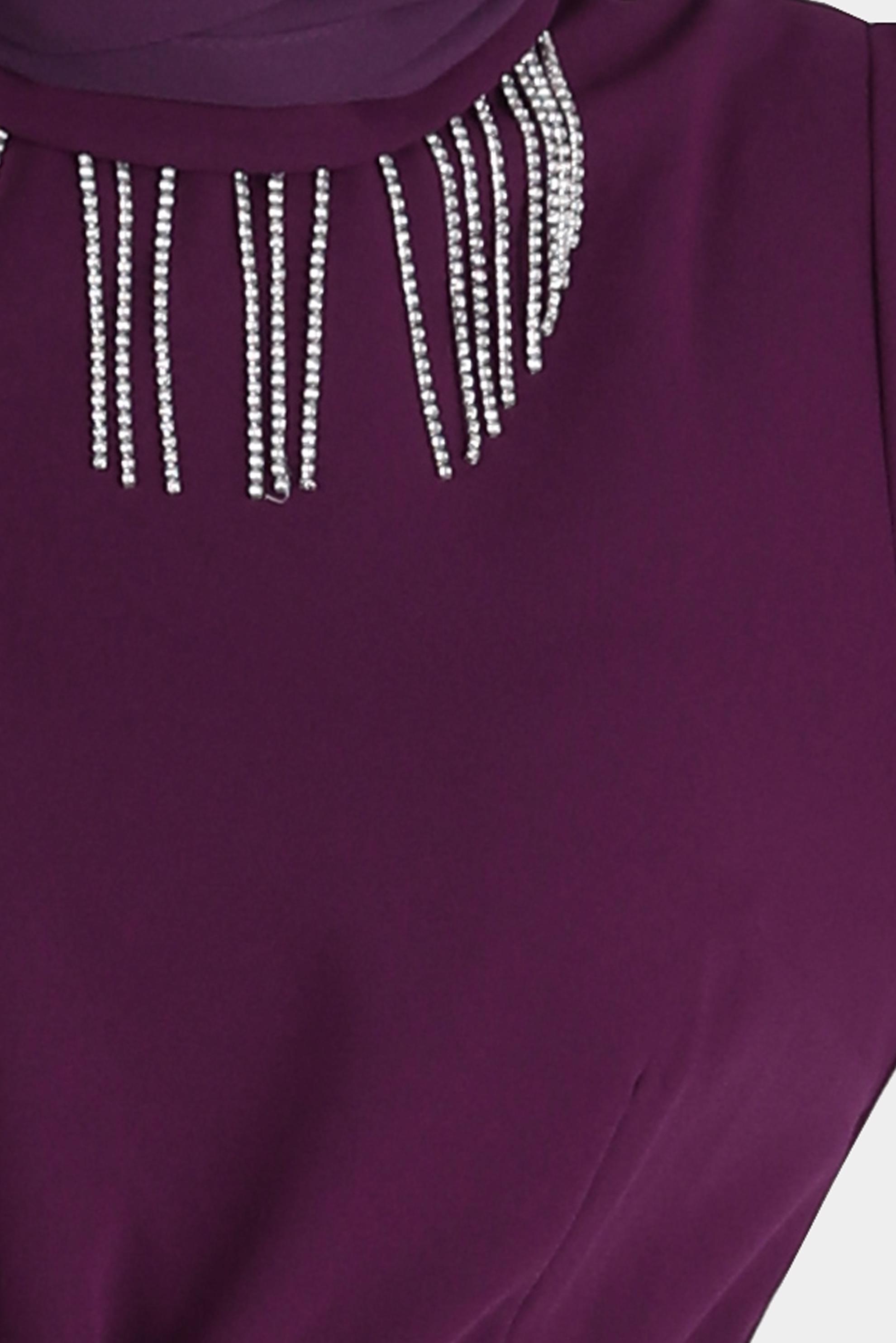 Tesettür giyim BORDO PÜSKÜL DETAYLI VATKALI ELBİSE 42526 