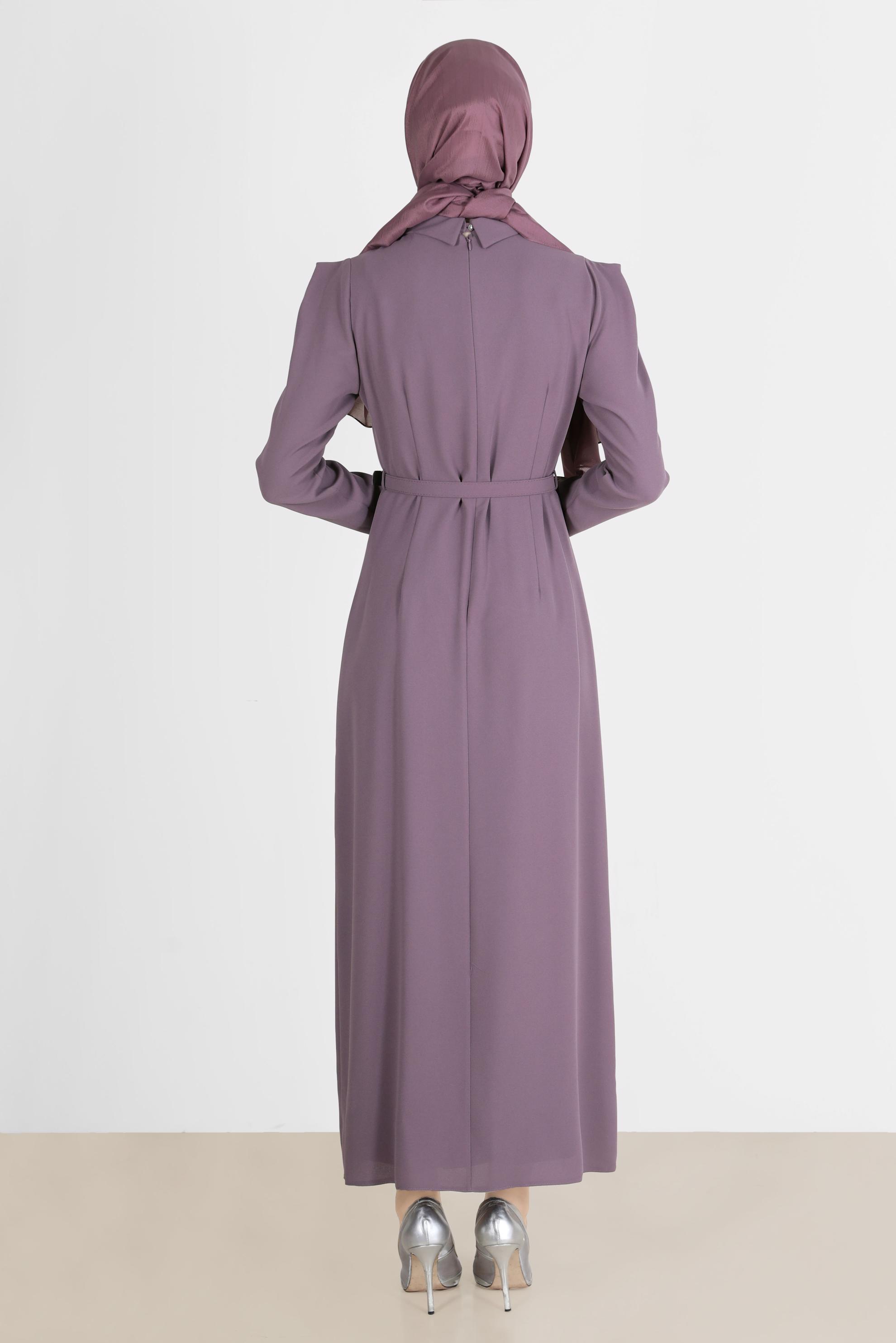 Tesettür giyim MOR PÜSKÜL DETAYLI VATKALI ELBİSE 42526 