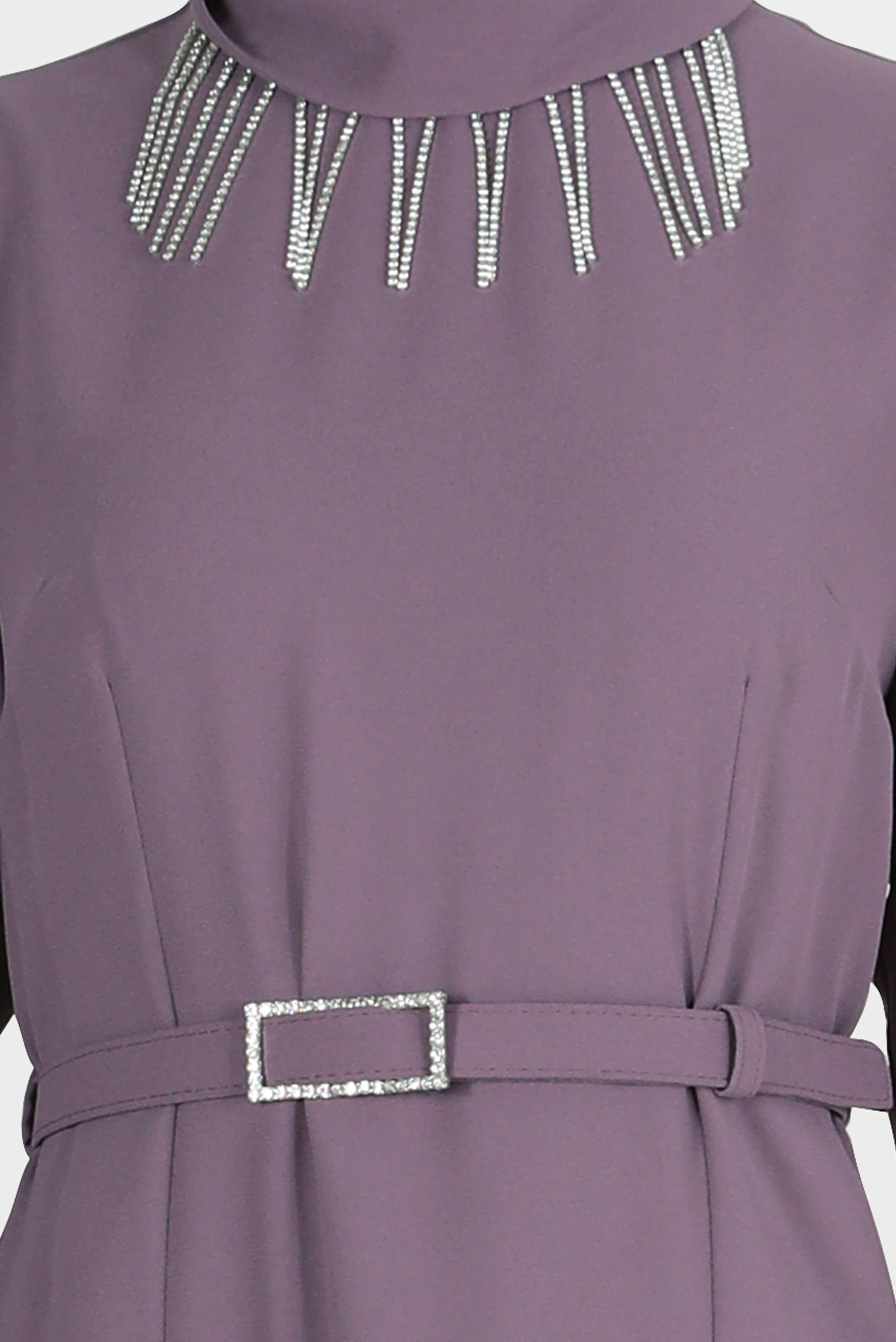 Tesettür giyim MOR PÜSKÜL DETAYLI VATKALI ELBİSE 42526 