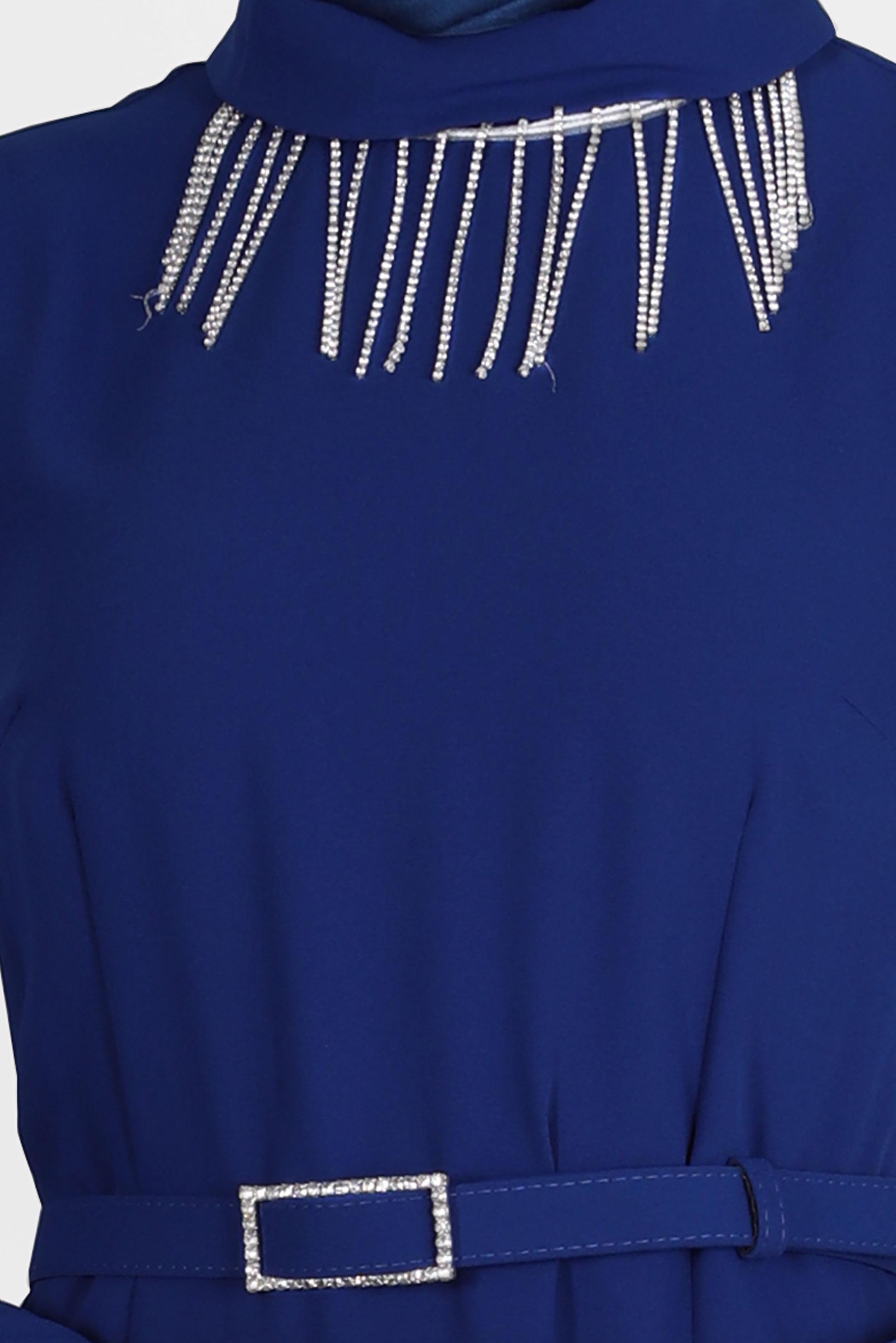 Tesettür giyim MAVİ PÜSKÜL DETAYLI VATKALI ELBİSE 42526 