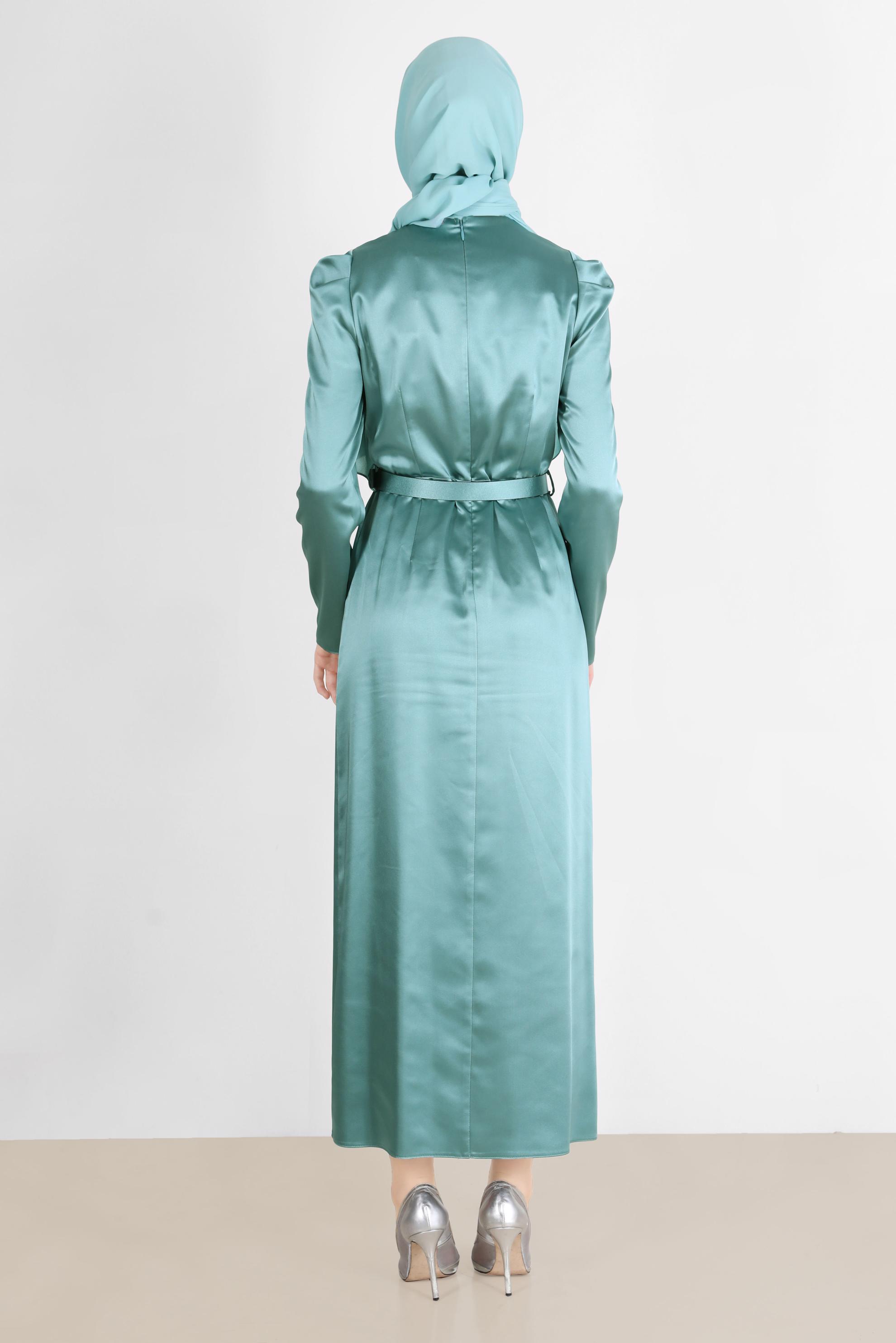 Tesettür giyim YEŞİL KEMERLİ SATEN ELBİSE 42527 