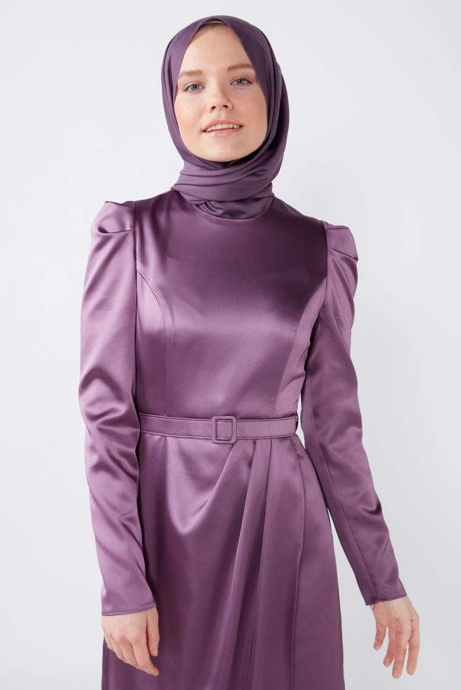 Hijab clothing  BELTED SATIN DRESS 42527  - ALVİNA