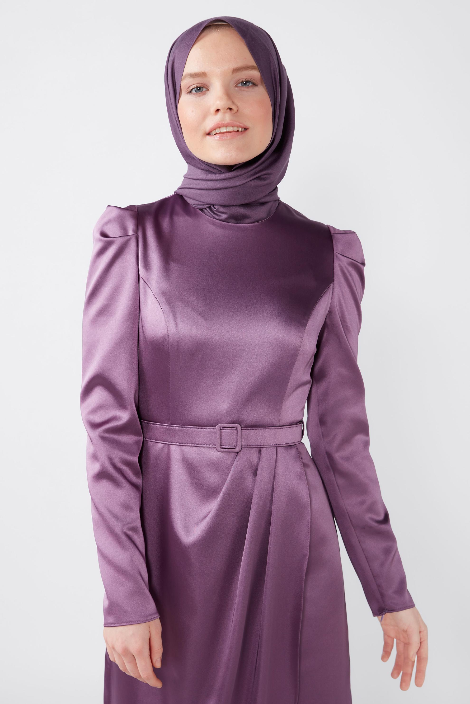 Hijab clothing PURPLE BELTED SATIN DRESS 42527 