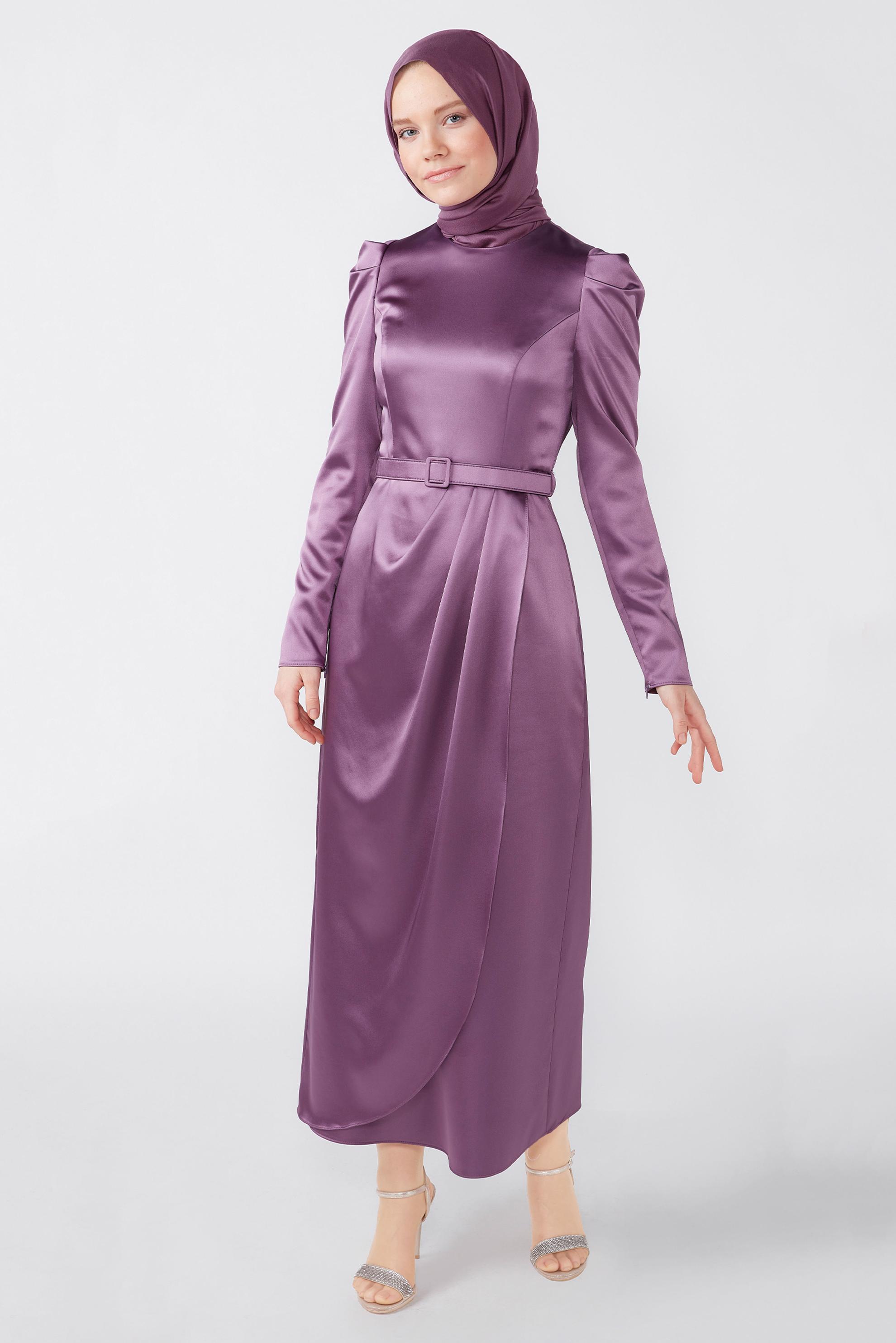 Hijab clothing PURPLE BELTED SATIN DRESS 42527 