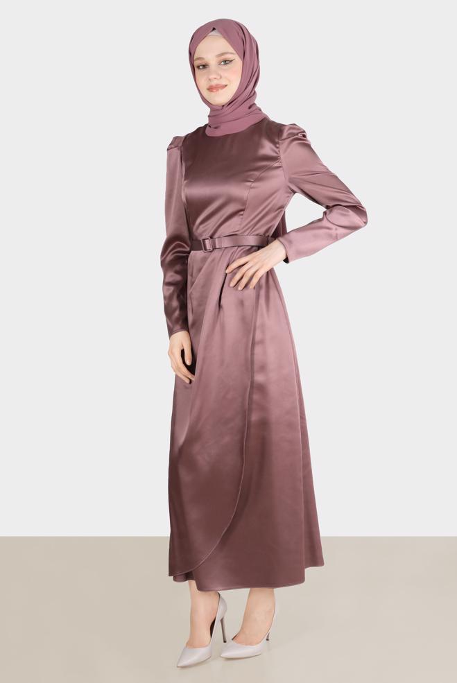 Tesettür giyim PEMBE KEMERLİ SATEN ELBİSE 42527  - ALVİNA