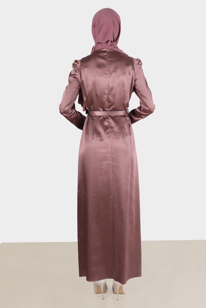 Tesettür giyim PEMBE KEMERLİ SATEN ELBİSE 42527  - ALVİNA