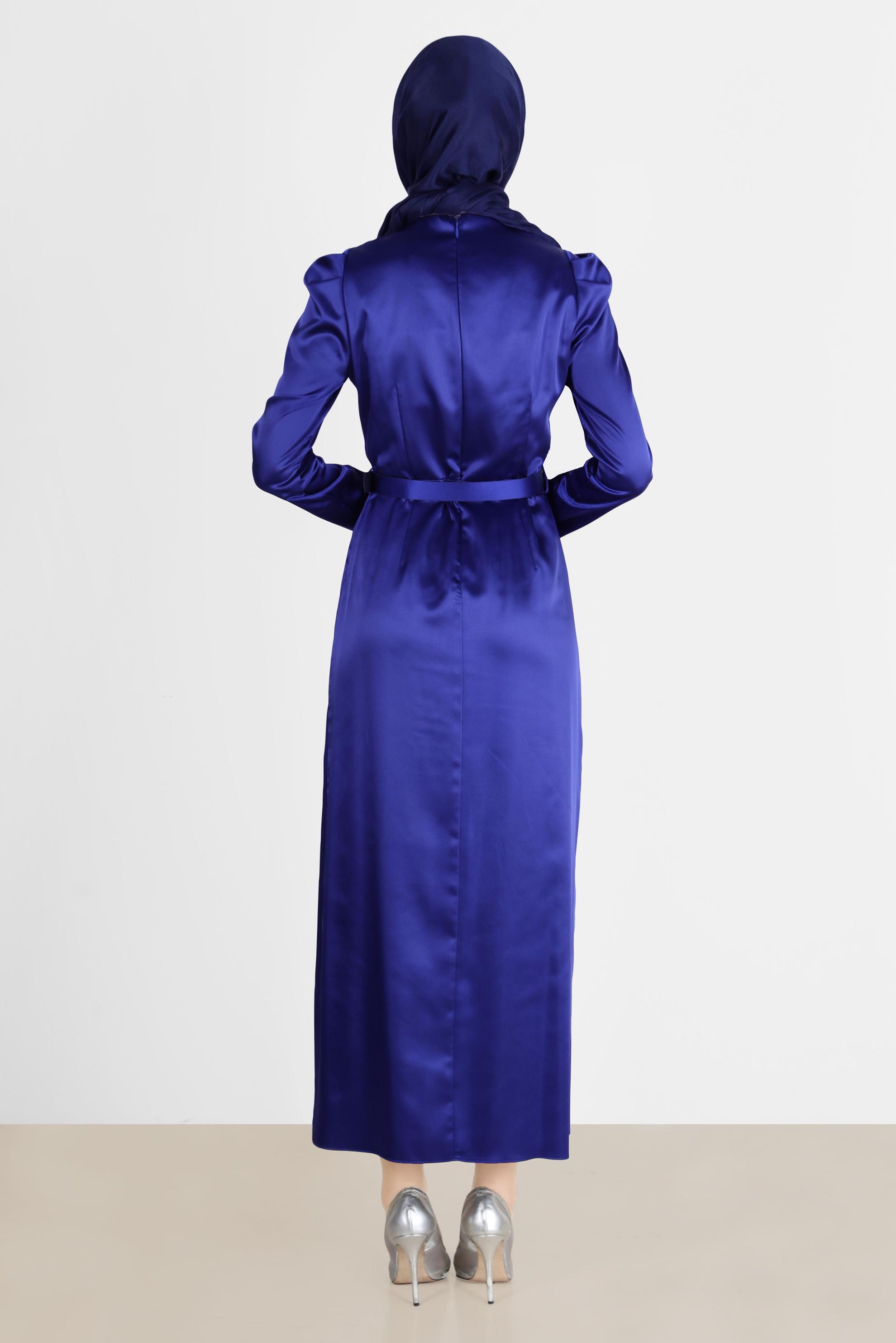 Tesettür giyim MAVİ KEMERLİ SATEN ELBİSE 42527 