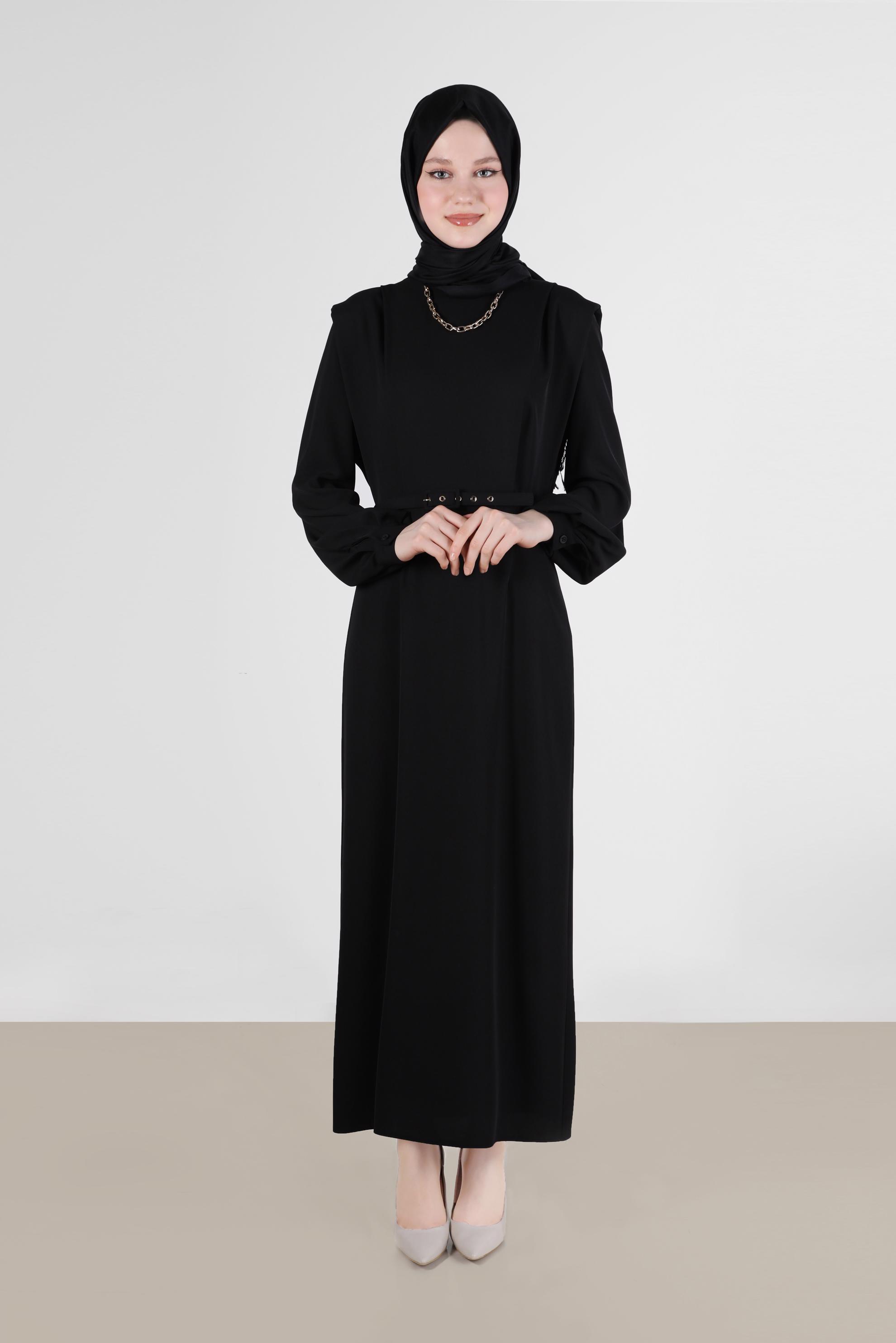 Tesettür giyim SİYAH VATKA GÖRÜNÜMLÜ KEMERLİ ELBİSE 42530 