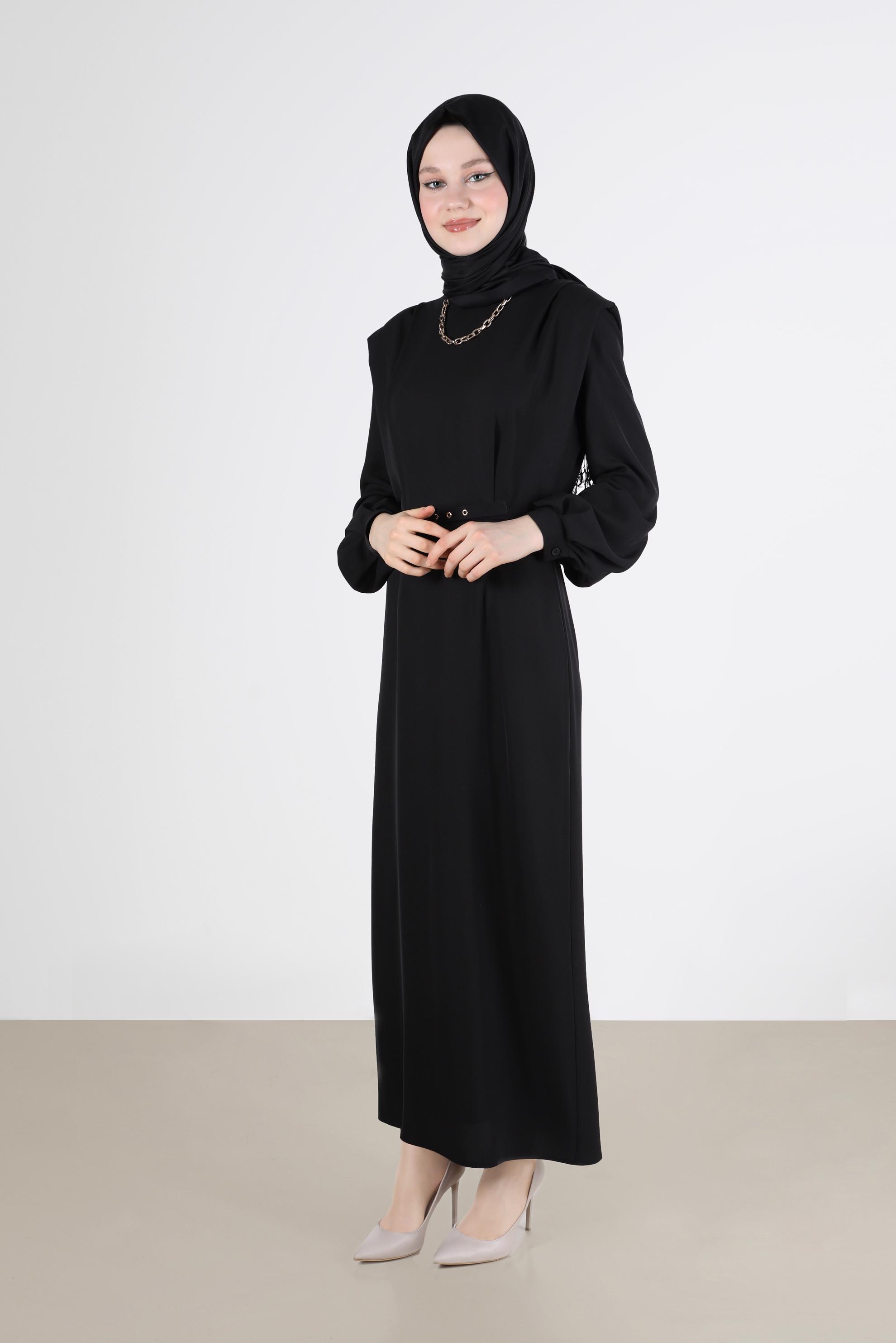 Tesettür giyim SİYAH VATKA GÖRÜNÜMLÜ KEMERLİ ELBİSE 42530 