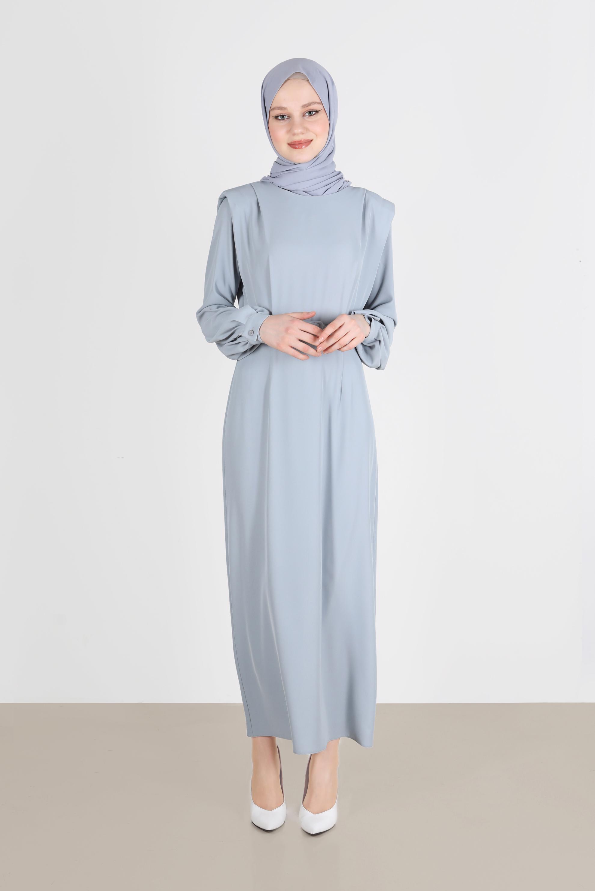 Tesettür giyim GRİ VATKA GÖRÜNÜMLÜ KEMERLİ ELBİSE 42530 